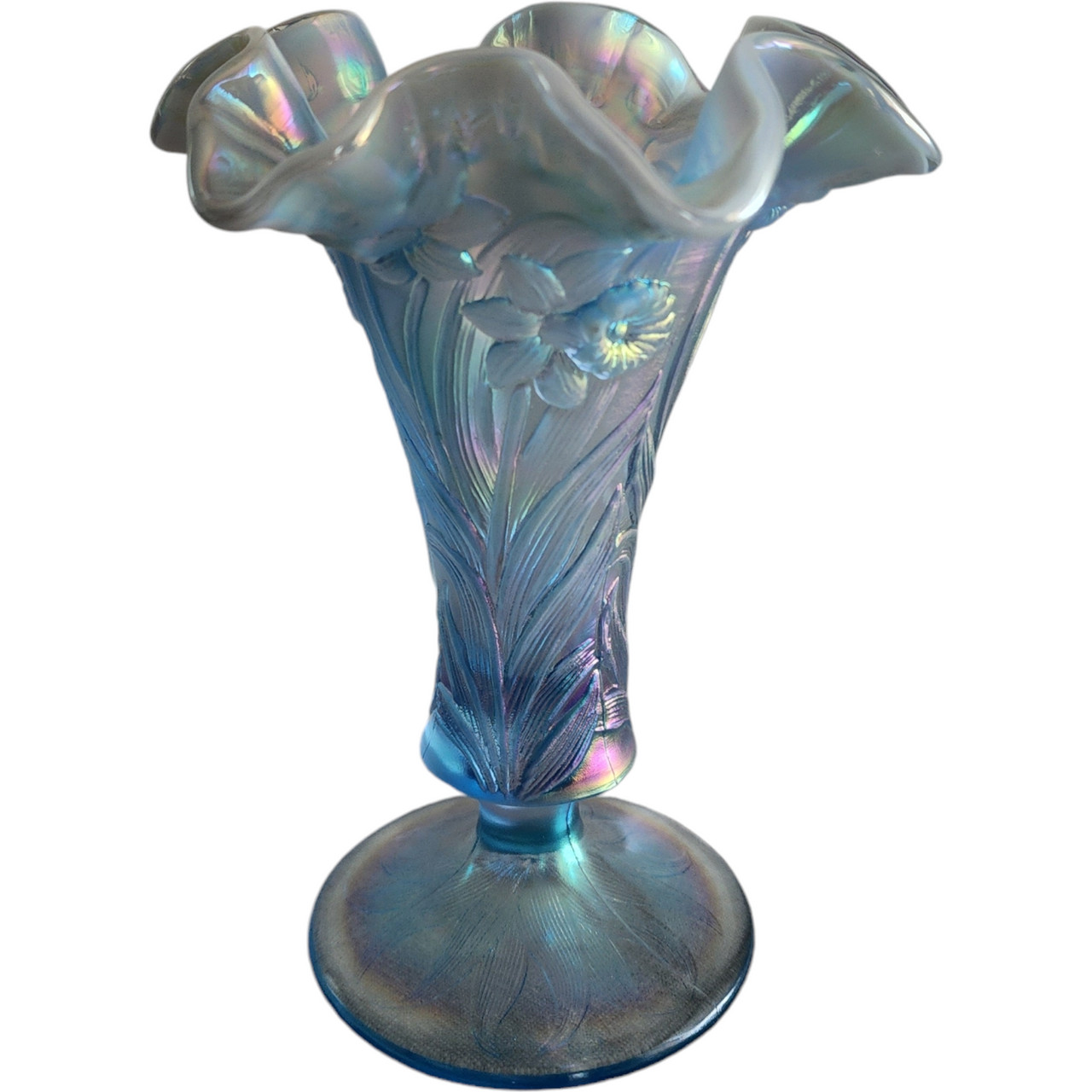 7″ Fenton Art Glass Misty Blue Satin Opalescent Iridescent Daffodil Footed Fl…