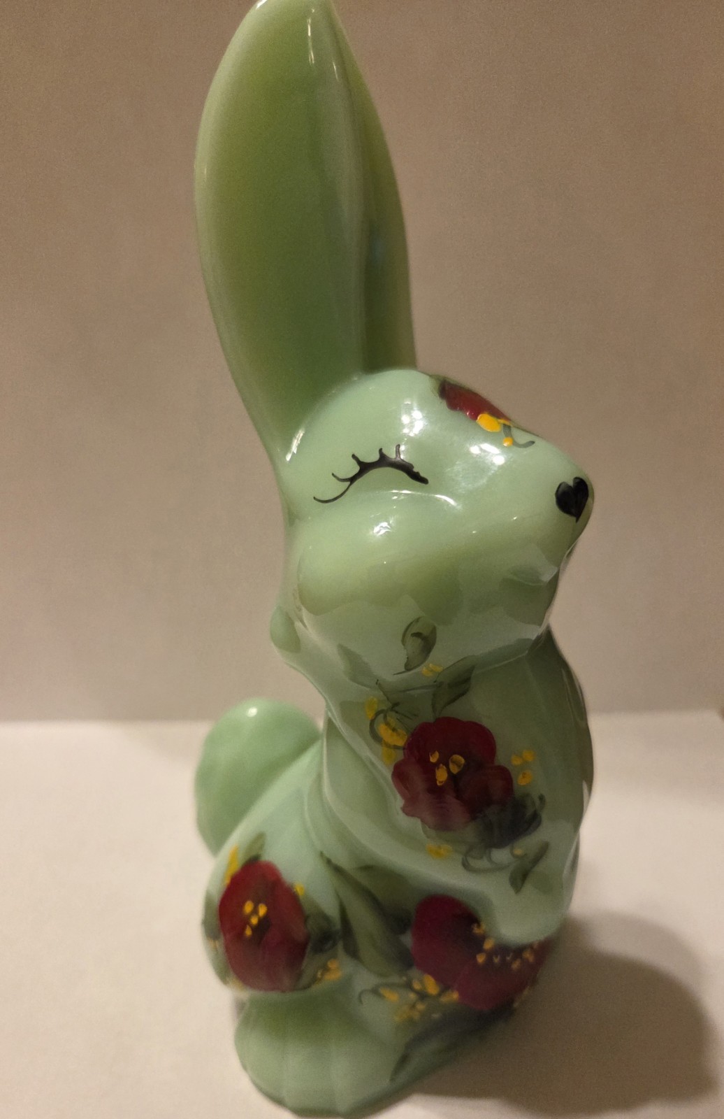 Mosser Glass Jadeite Jade Thumper Rabbit Hand Painted Signed 6.5”