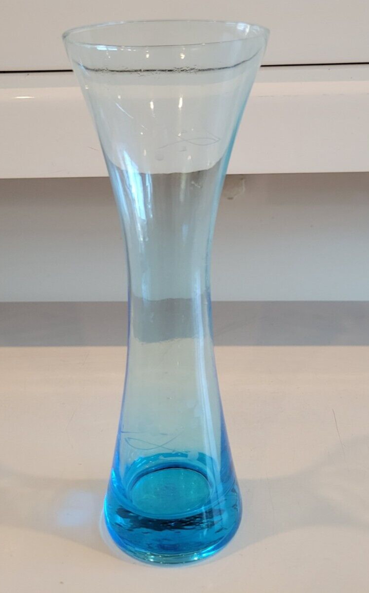 8 INCH SAPPHIRE BLUE VASE FLARE TOP ETCHED WITH FLOWERS