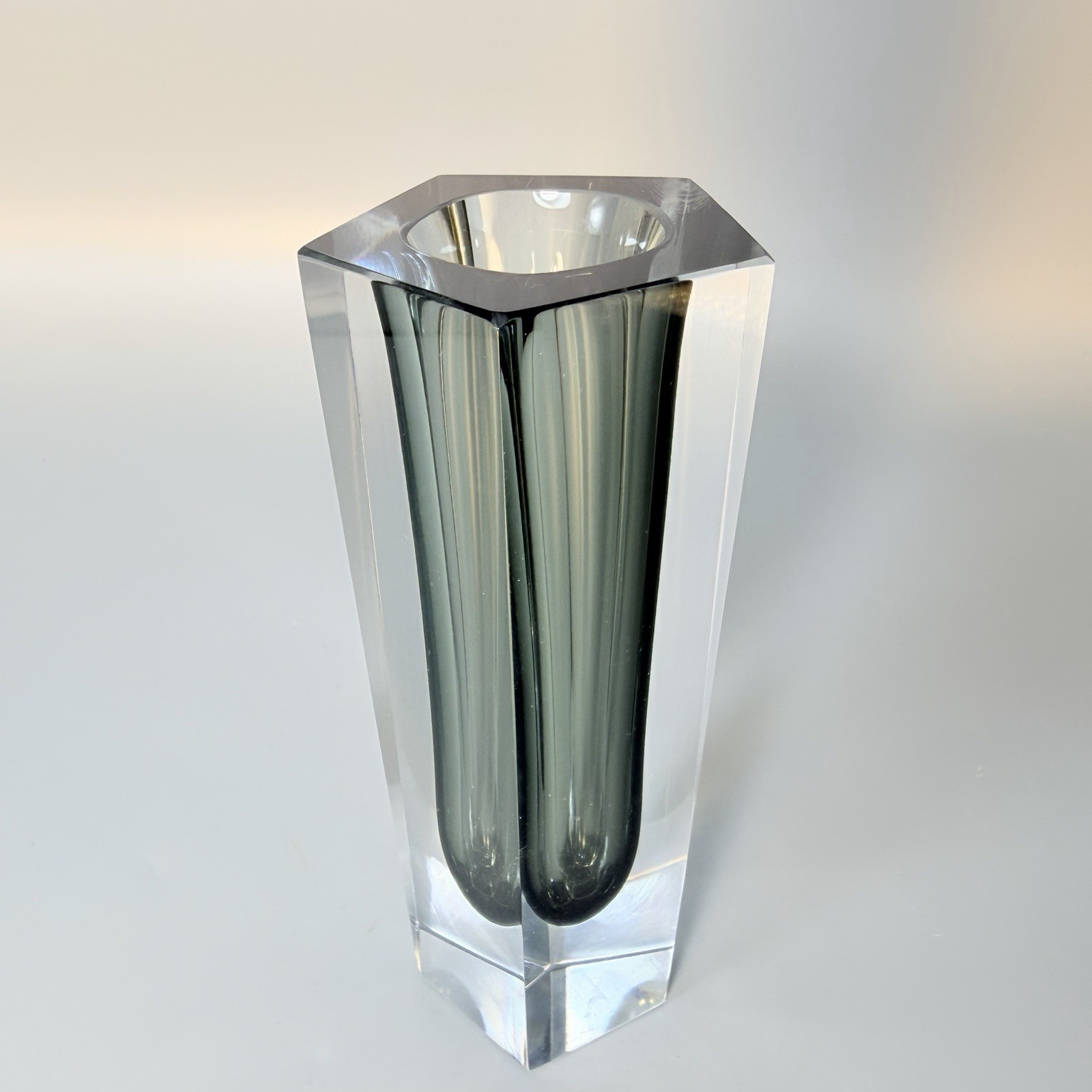 Murano Style Sommersso Art Glass Vase Heavy Clear Smoke Gray Faceted MCM