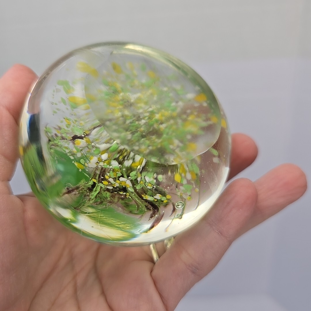 Vtg Art Glass Paper Weight With Green Shrimp Yellow, White & Green Brown Swirl
