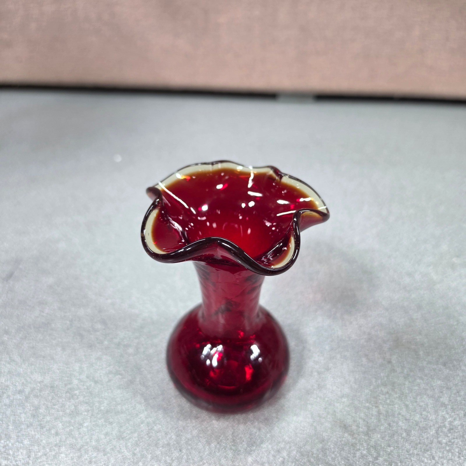 Vintage Art Glass Bud Vase Unisex 4.75in Ruby Red Excellent Ruffled Rim MCM