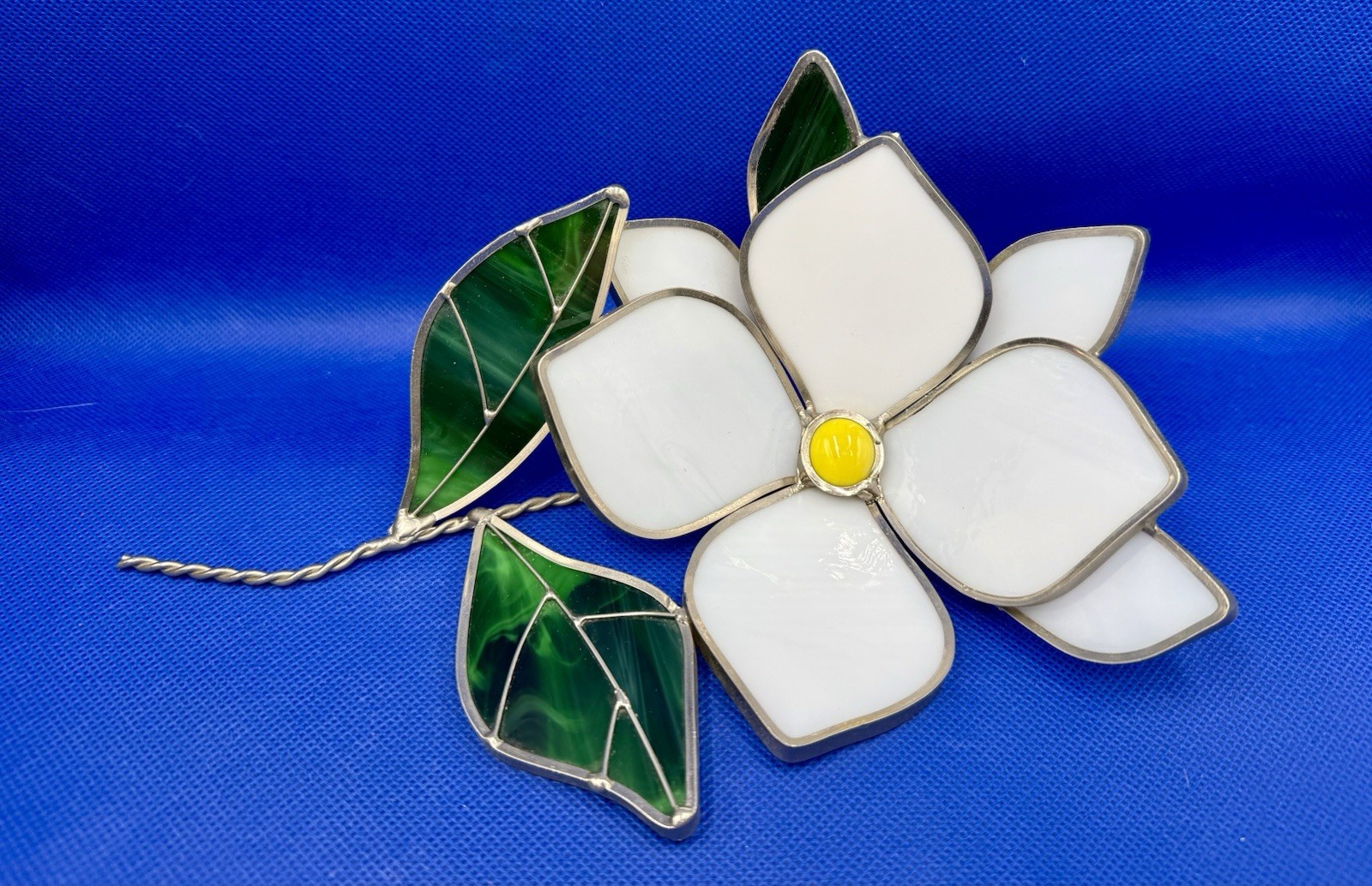 Vintage Stained Glass White & Green Flower Sun Catcher Layered Freestanding 9”