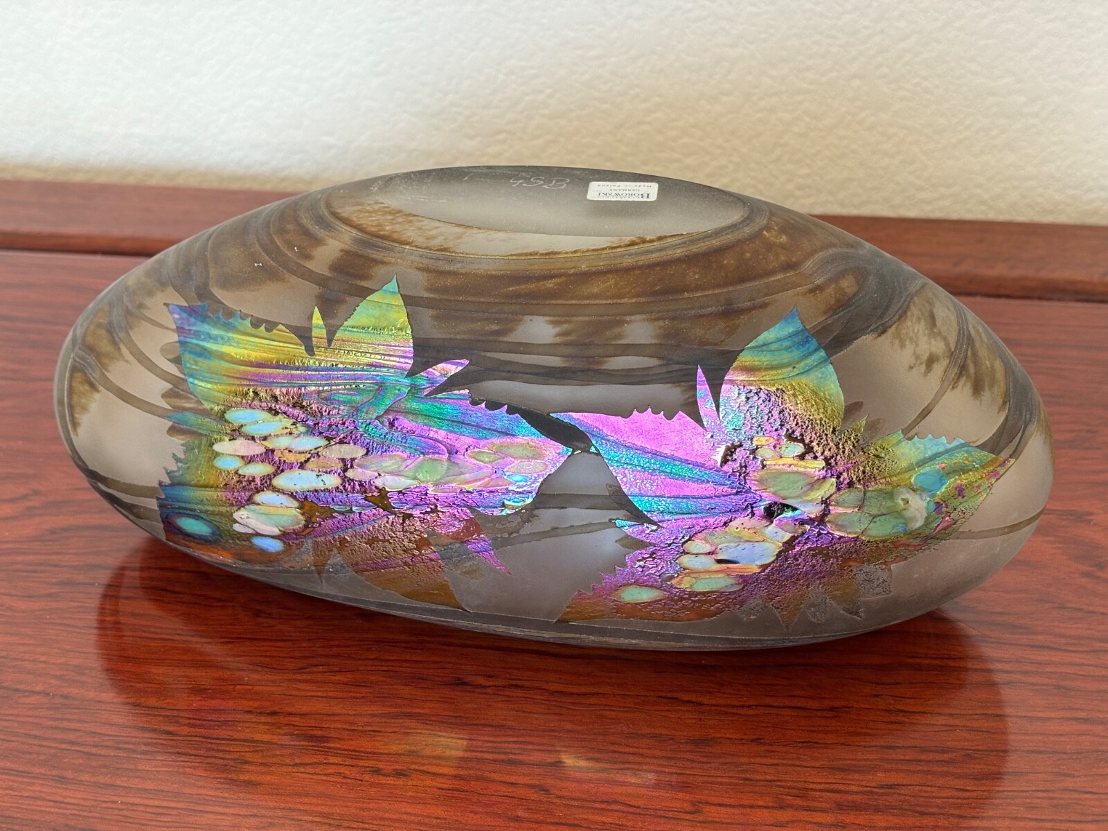 BOROWSKI GLASS STUDIO Transverse Oval Vase, Multi Color Flowers~GERMANY ~Signed.