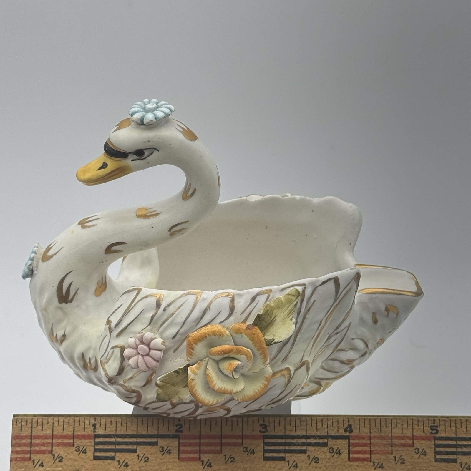 Vintage 50’s-60’s Ardalt Fiori Antico Swan Bowl Gilded w/ Flowers No Chips Italy