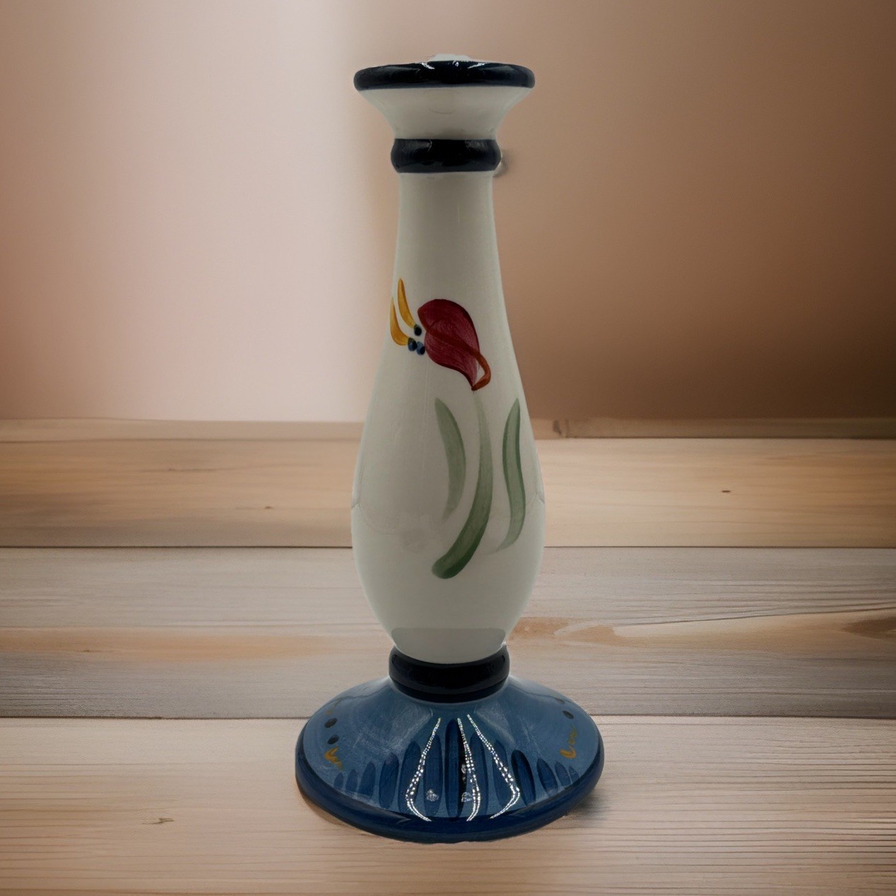 Vintage Gail Pittman Hand Painted Candle Stick Holder W/Floral Design Signed 9×4