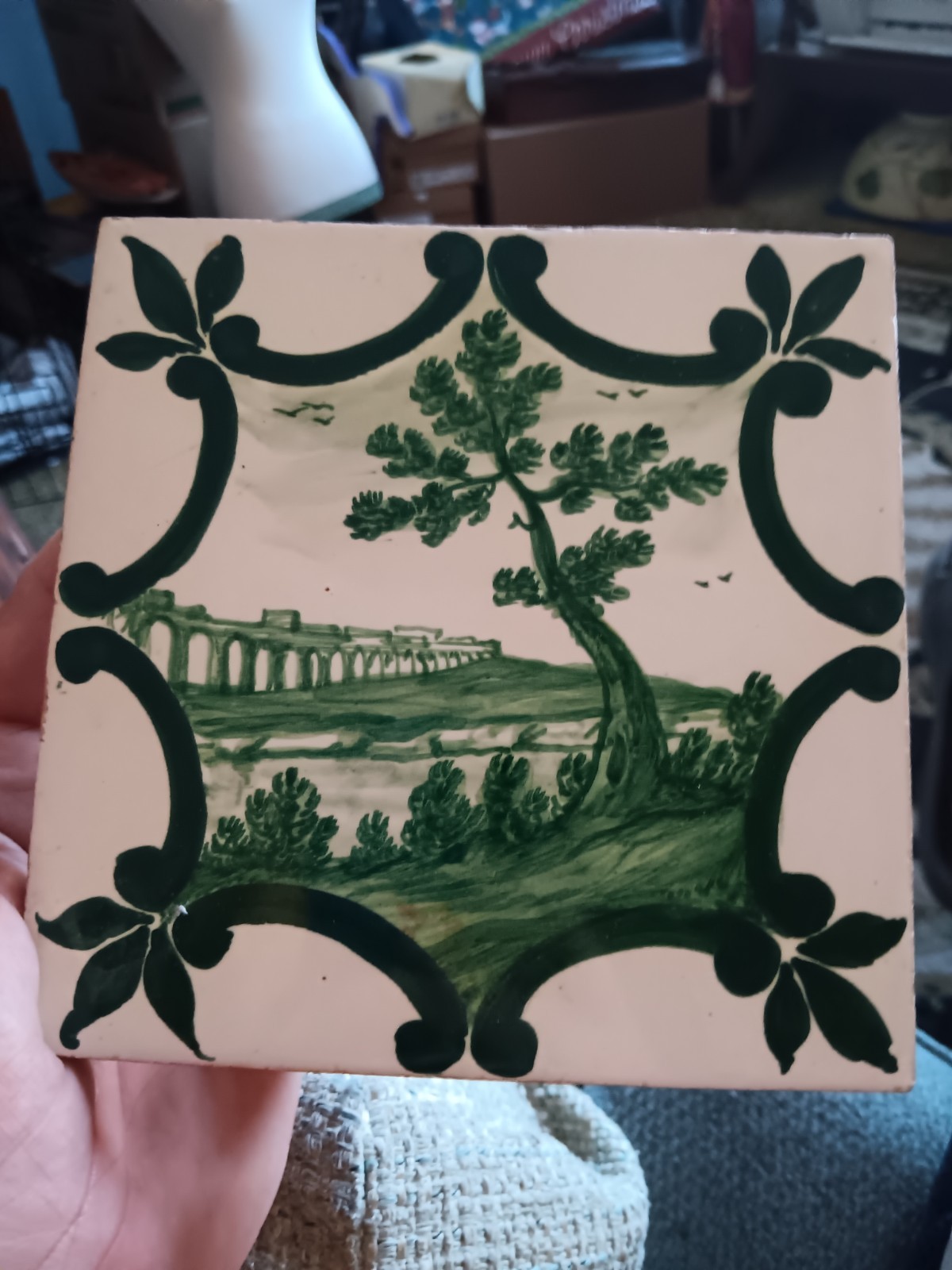 VINTAGE Hand Painted Ceramic Tile Trivet 8″ Square Italy Tree Bridge