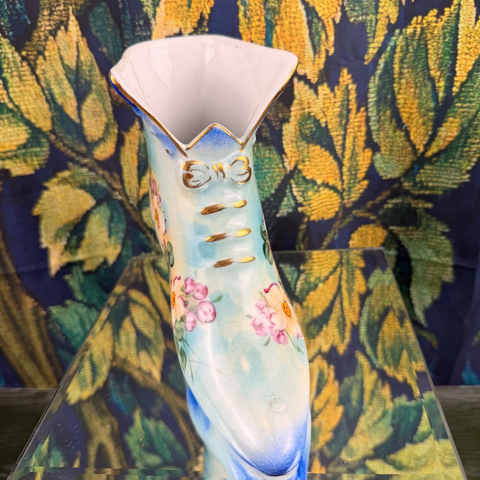 Vintage Hand Painted Porcelain Floral Victorian Boot Figurine Blue Gold Gilt
