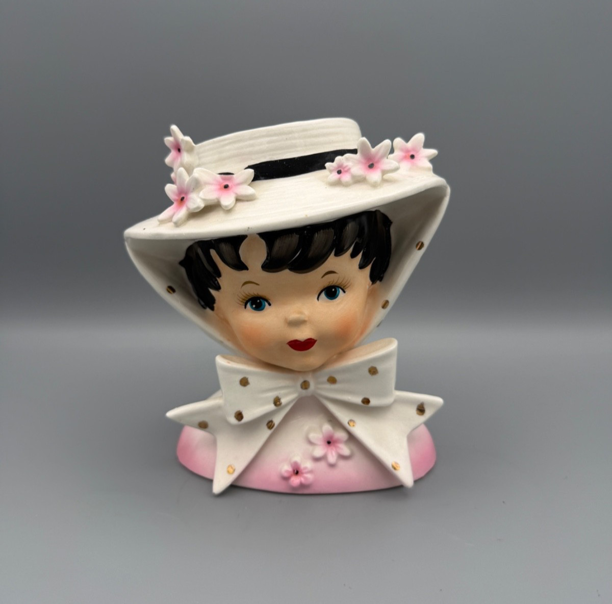 VINTAGE 1950s Relpo Pink & White Little Miss Head Vase w/ Flowers K1096