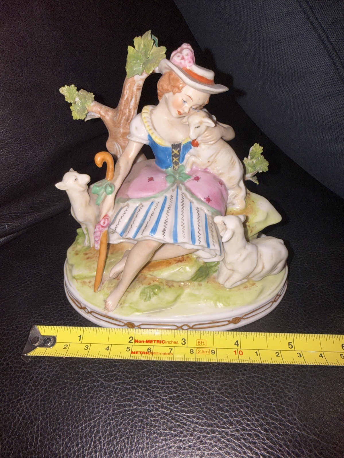 Vintage Kalk German Porcelain Shepherdess Figurine Lambs Crossed Arrows Mark