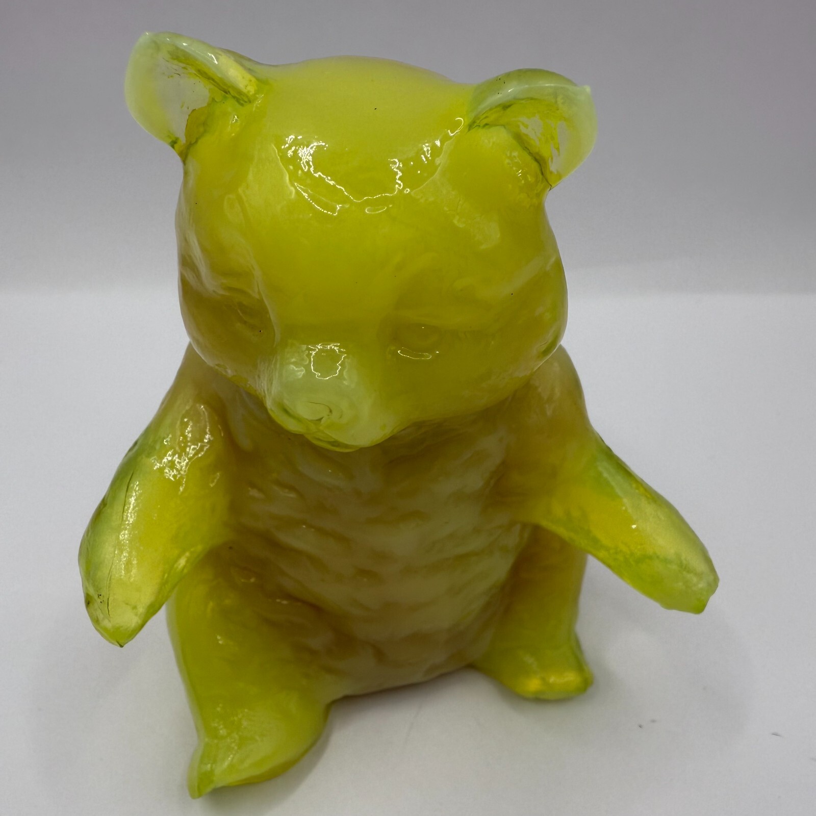 Vintage Mosser Glass Vaseline Uranium Bear Yellow Slag Glass Figurine 1980’s
