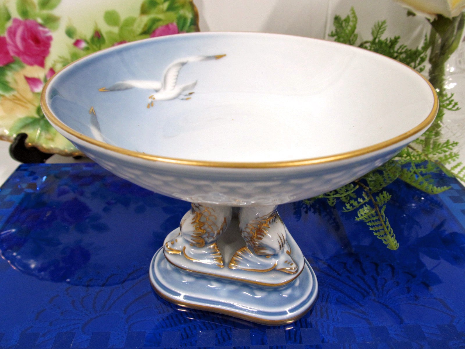 B & G Seagull Porcelain with gold on Dolphin Foot Compote Bowl Copenhagen # 66
