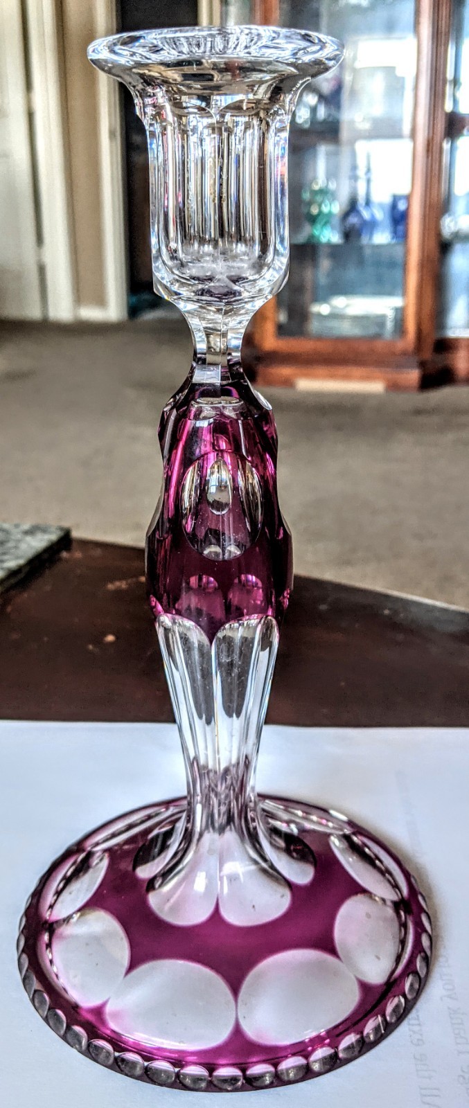 Val Saint Lambert Handblown Cranberry Cut to Clear Overlay Candlestick France