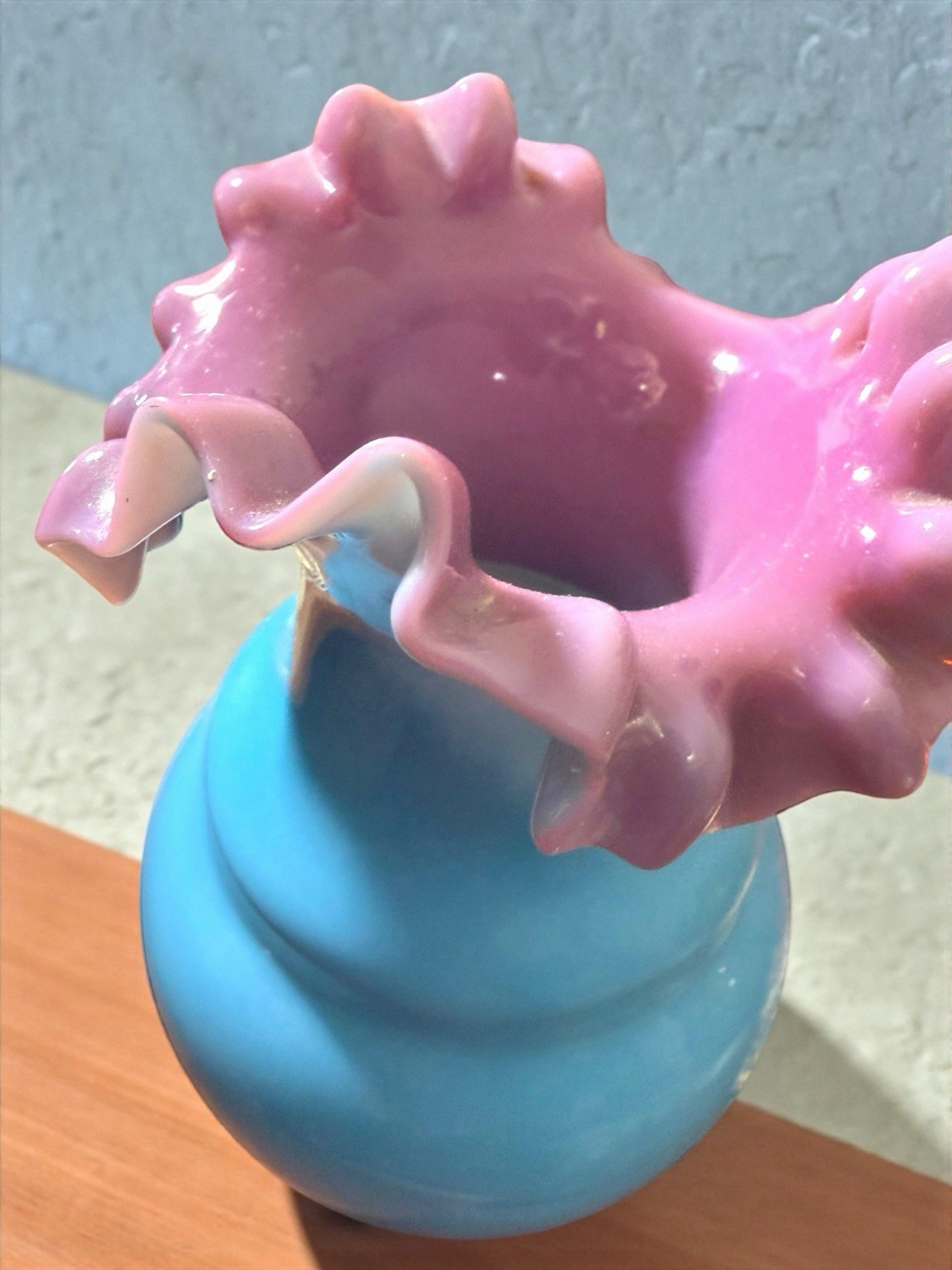 Antique Bohemian Lilac Turquoise Cased Ruffled Blown Glass Vase 5.25 x 3.75” EUC