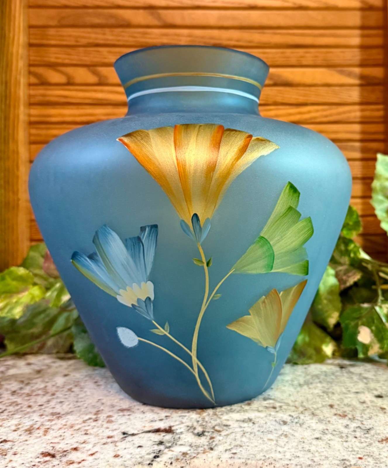 Horizon Collection Fenton** “GINKO” ON INDIGO BLUE SATIN 8″ VASE**Limited…2009
