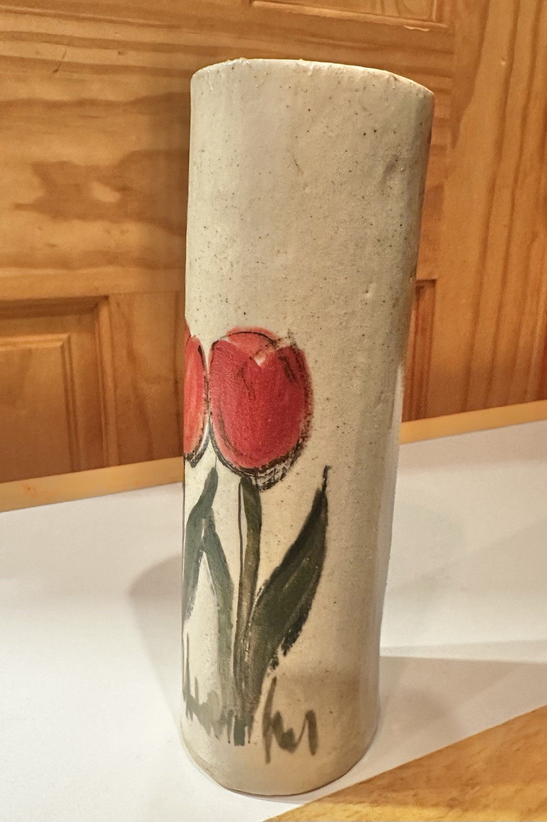 Studio Art Pottery Artist Signed Hand Painted Red Tulip Flower Bud Vase Design