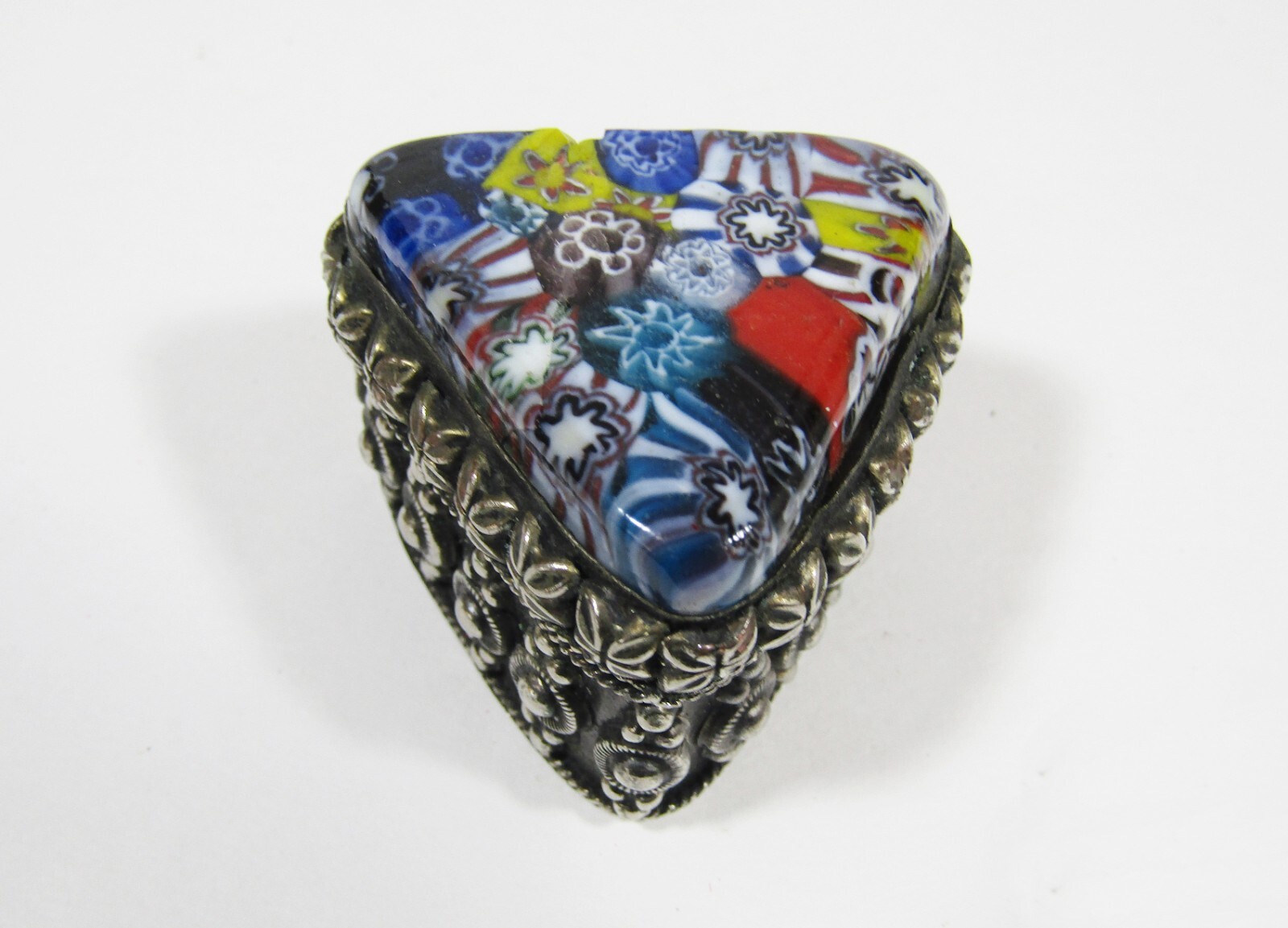Vintage Murano Millefiori Art Glass Silver Metal Trinket / Pill Box Triangle #2
