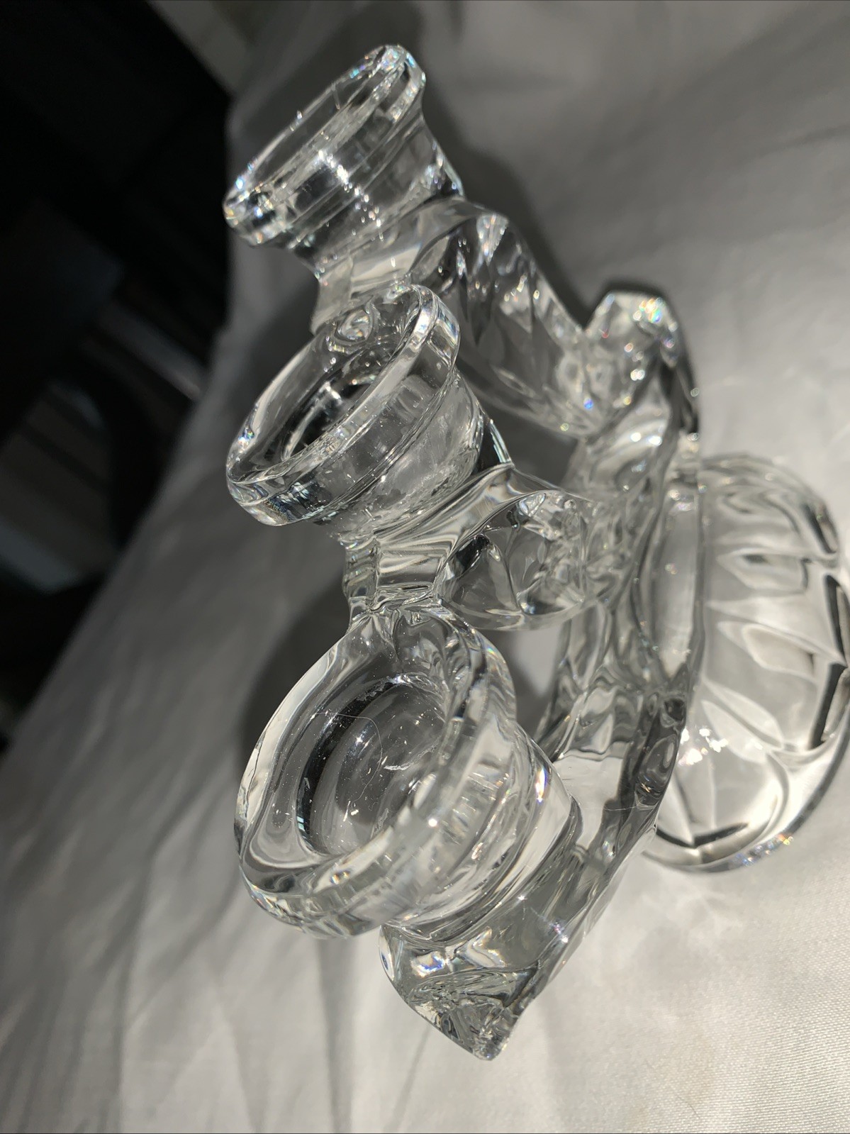 Three Arms Fostoria Crystal Triple Candle Holder 7 1/4″ Long 5 1/4 ” Tall