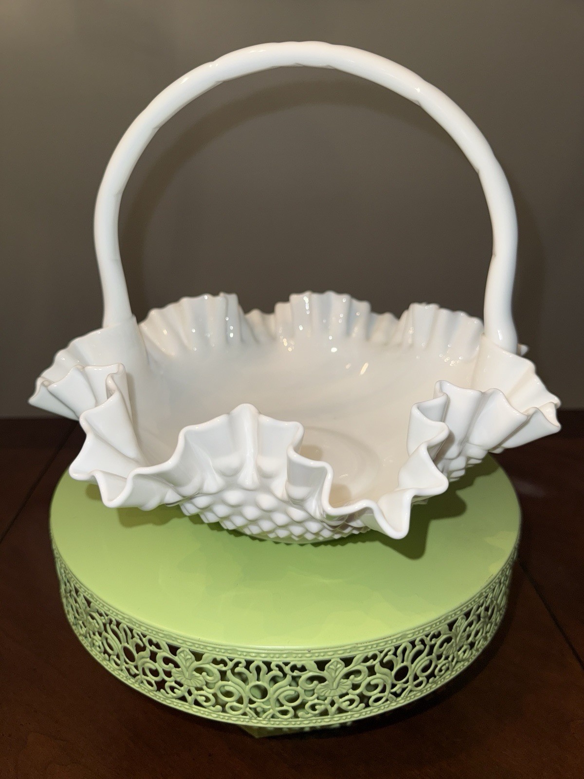 Fenton Milk Glass Hobnail Decorative Basket w/ Handle Ruffled Rim 10 in – OBO