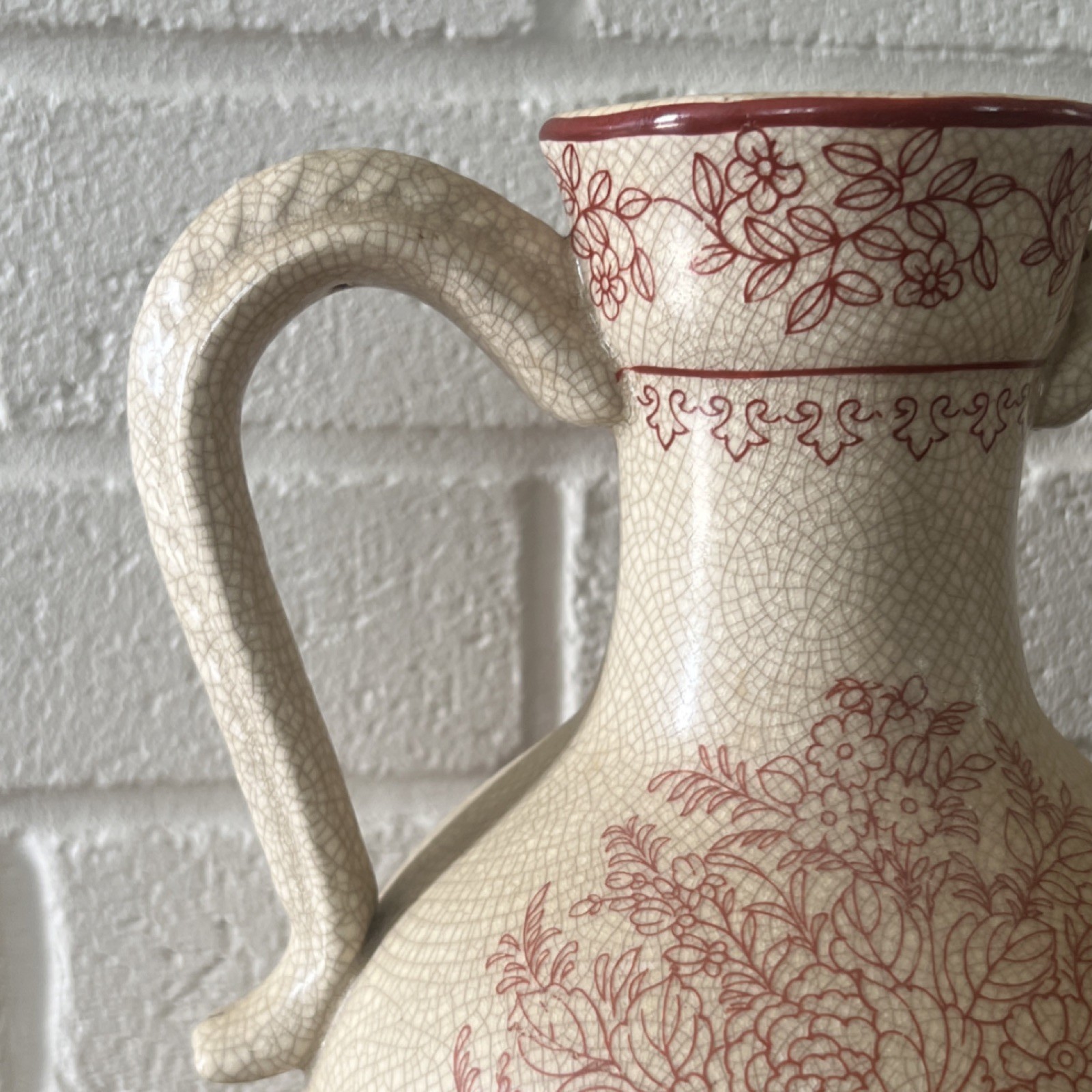 Vintage Ceramic Decorative Vase Beige Red Floral Double Handled