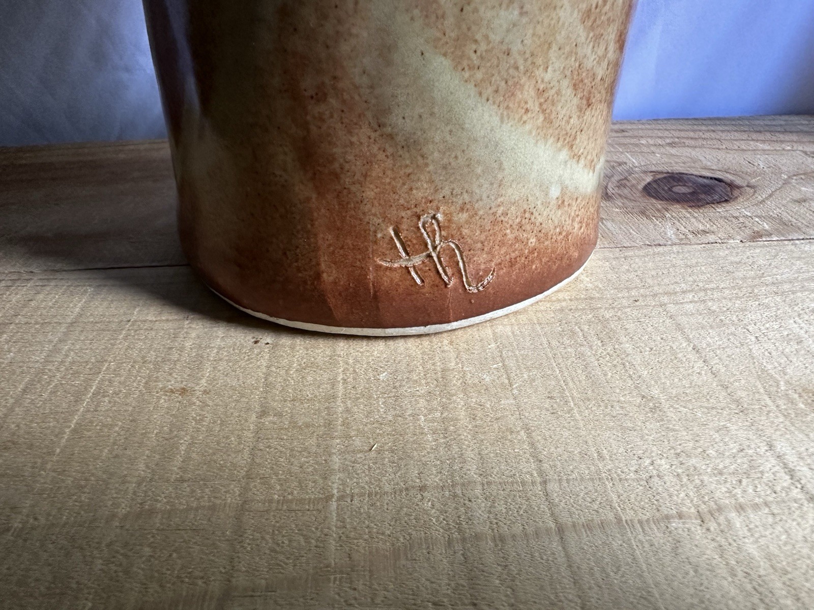 Artist Created Brown and Yellow Glazed Pottery Vase w/ Ruffled Rim Arrow Design