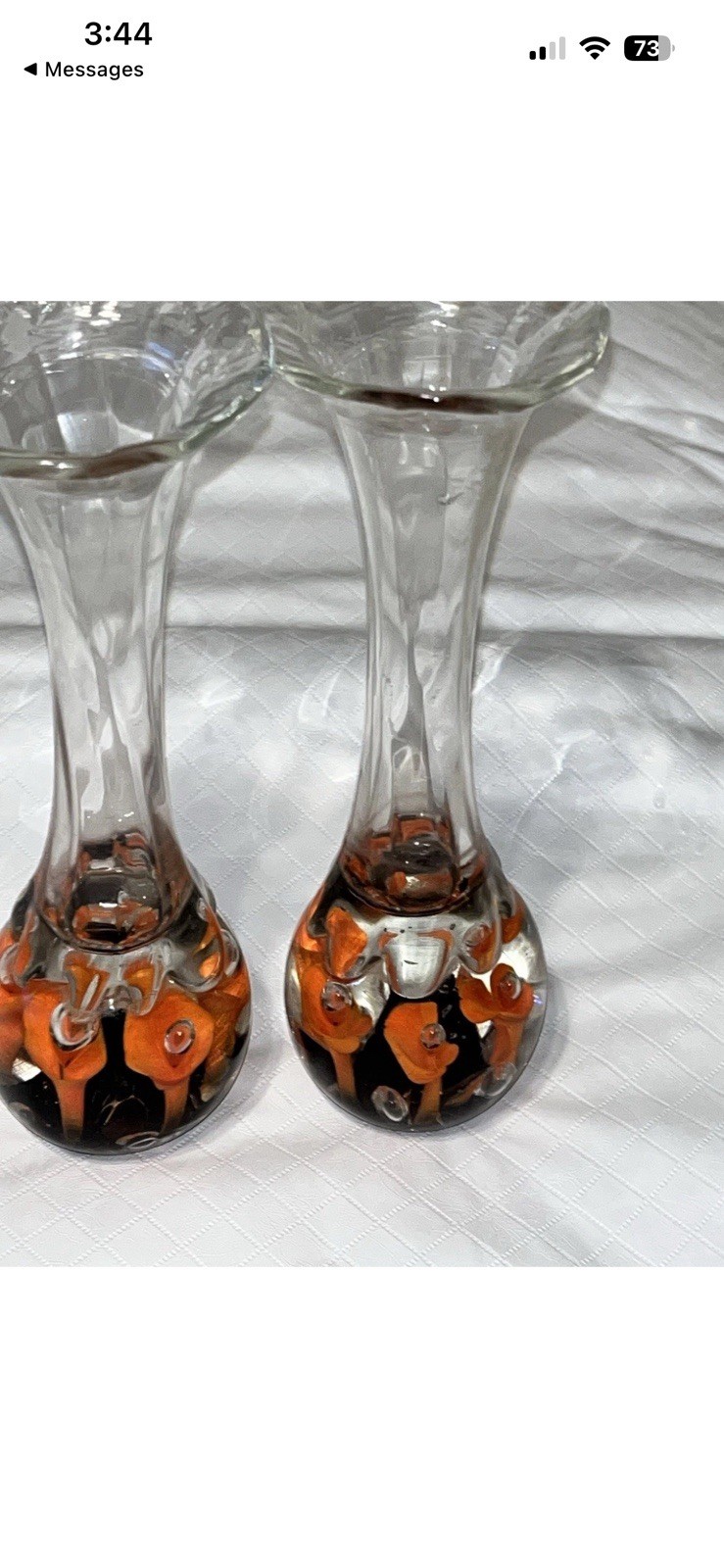 Pair Matching Joe Rice Vtg Art Glass Paperweight Bud Vase Clear Orange Flowers