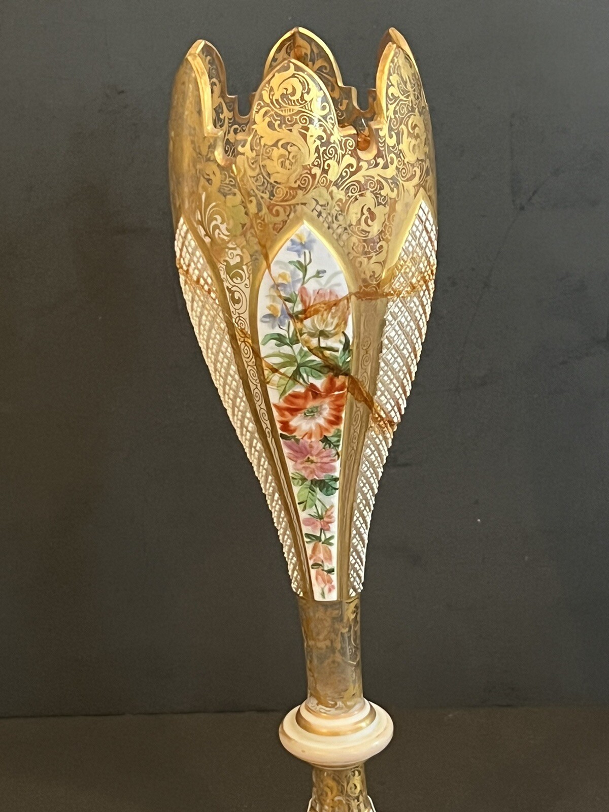 Antique Bohemian Czech Vase Handpainted Enamel Repaired Signed As Is Wheel cut