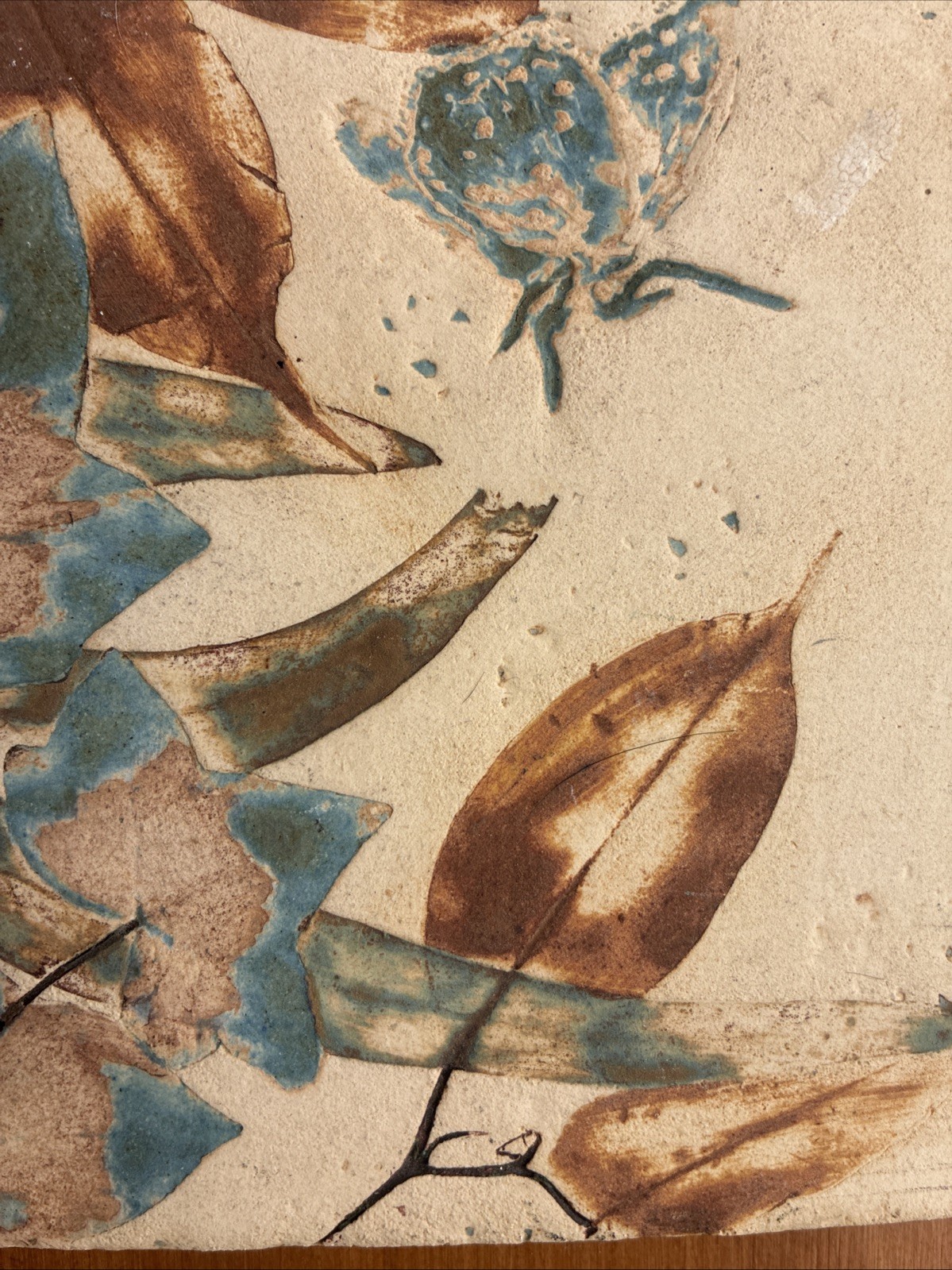 Vintage Mid Century Studio Pottery Botanical Tile Wall Plaque Signed Handmade
