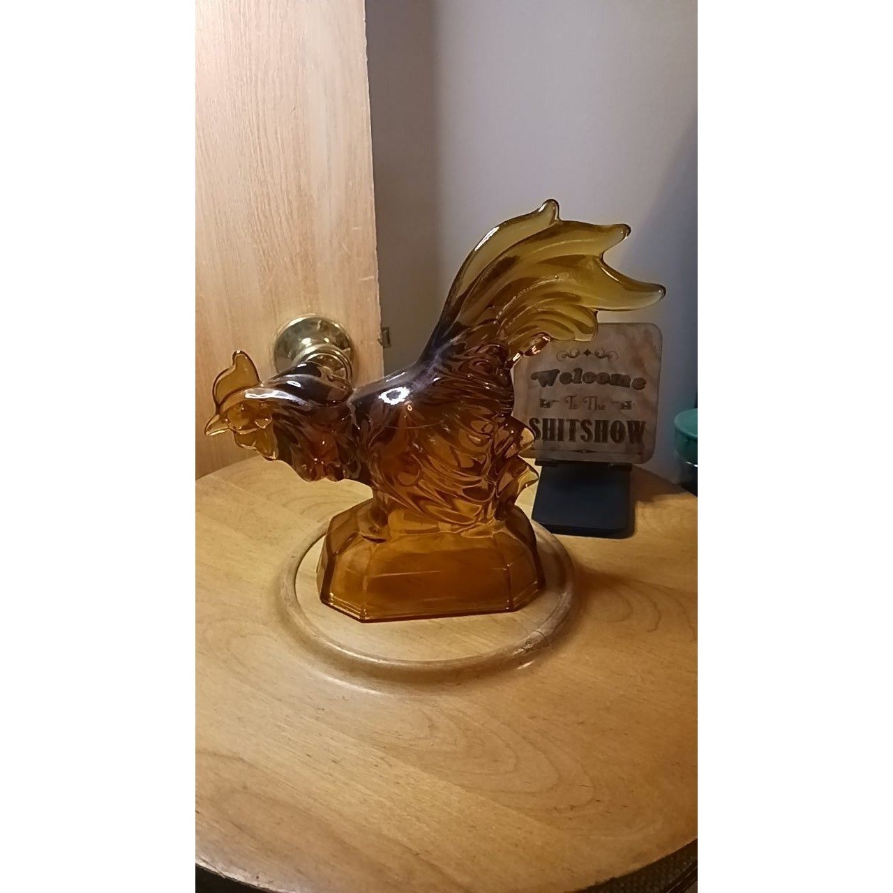 88. Vtg L.E. SMITH Art AMBER Glass 3D FIGHTING COCK Chicken ROOSTER 8½” Tall