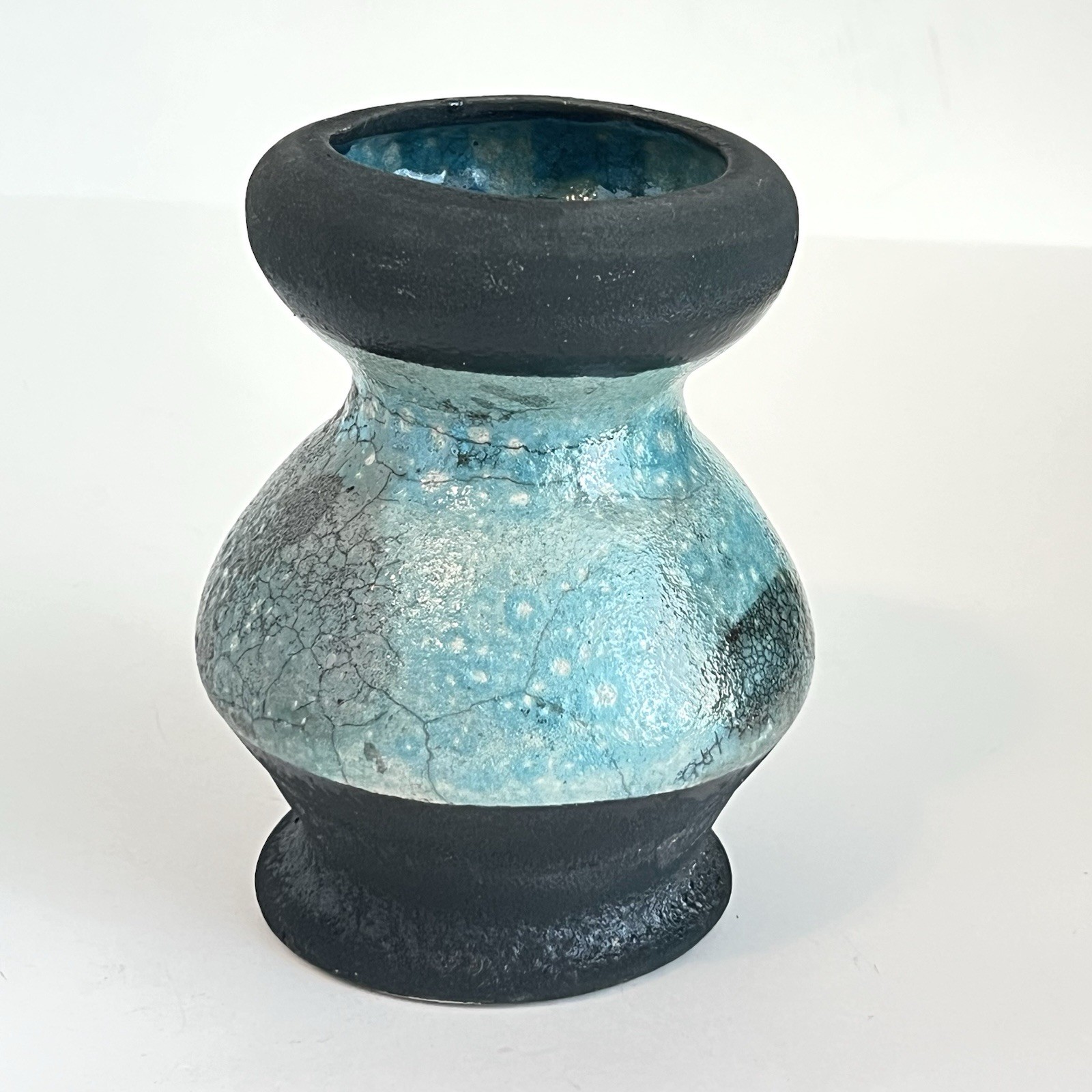 Raku Studio Art Vase Pottery Turquoise And Black Signed 6 Inches Iridescent