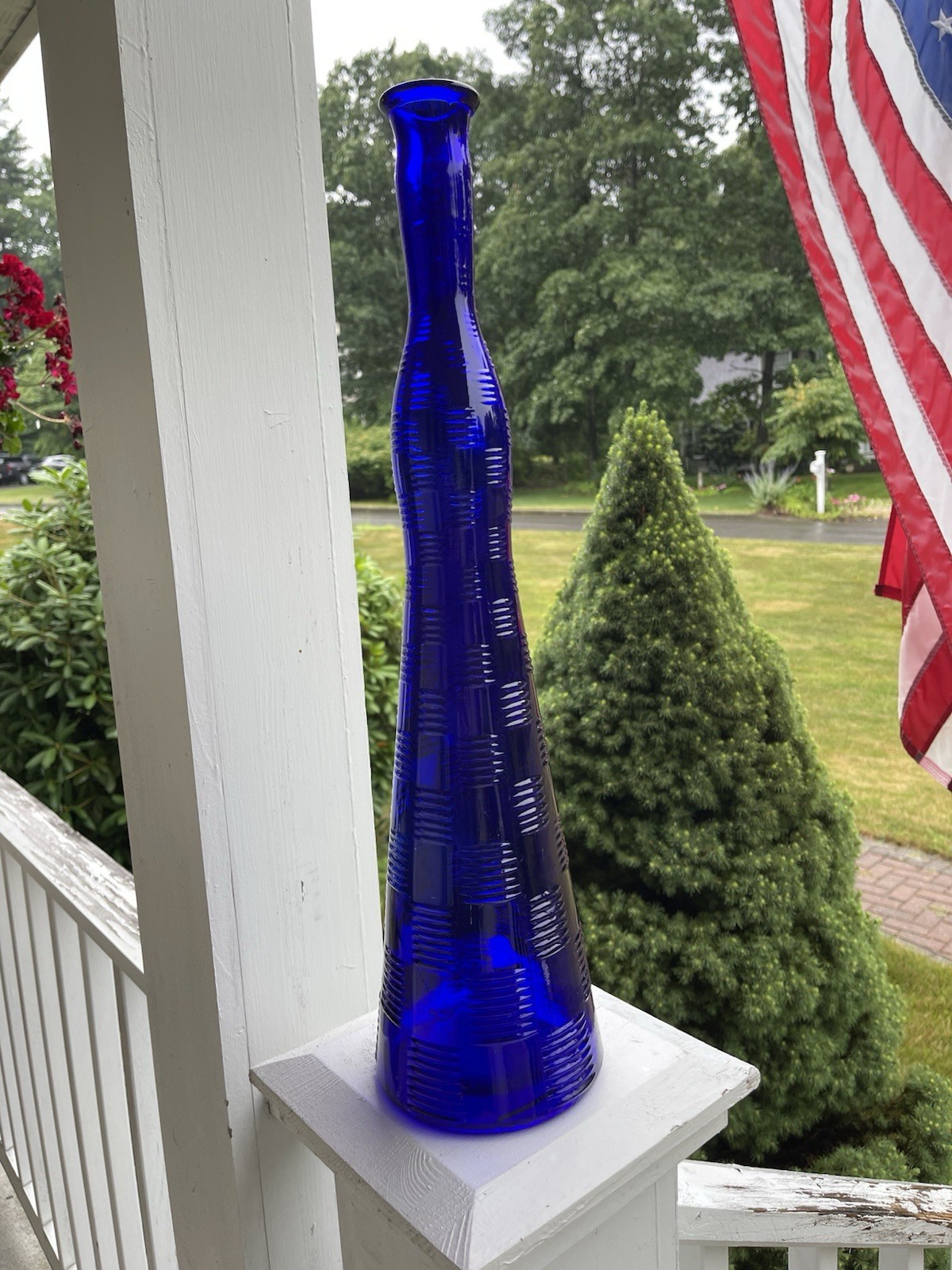 Cobalt Blue Basket Weave Decanter Bottle Without Stopper 19 3/4” Tall