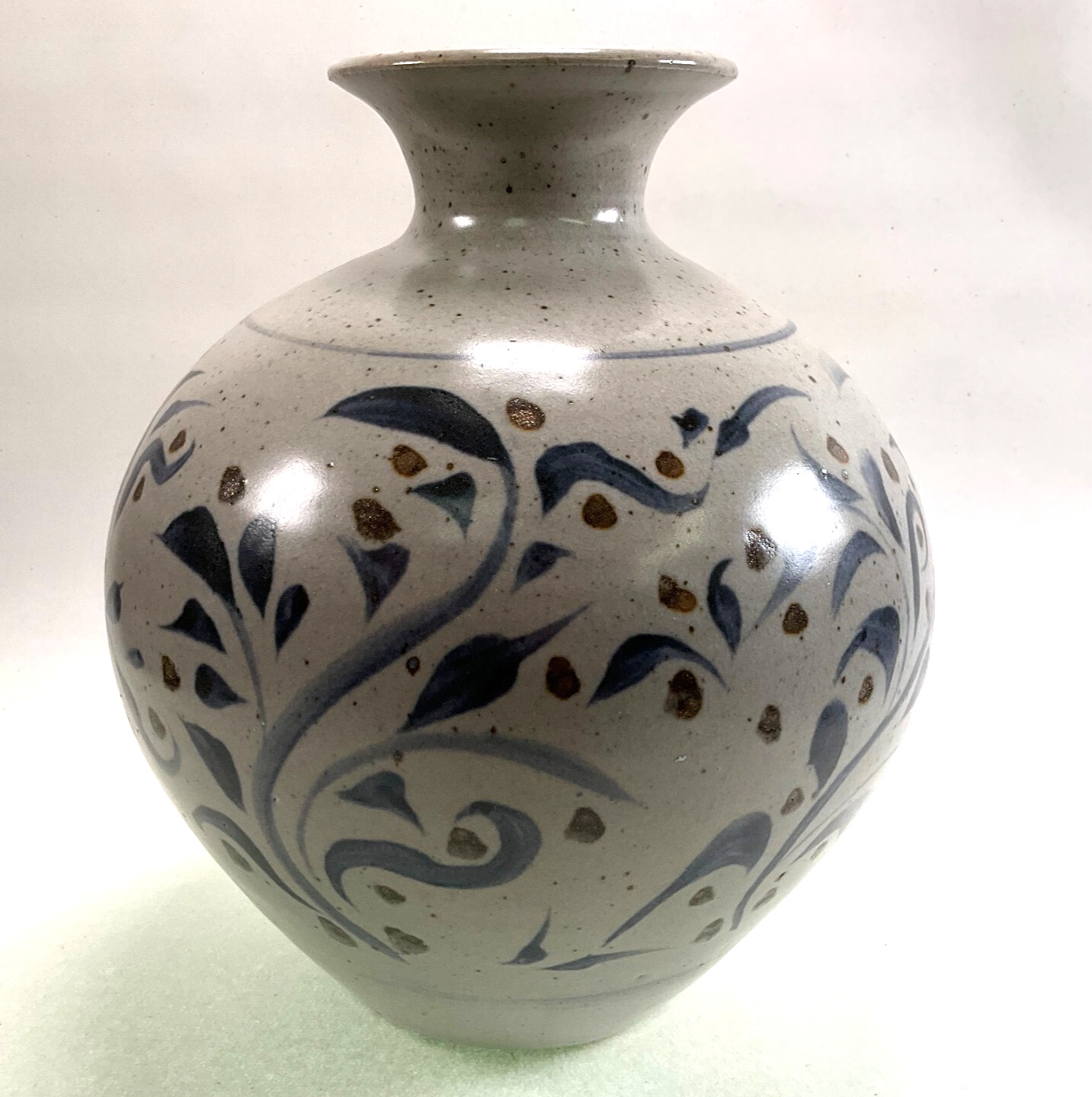 Studio Pottery Hand Thrown Vase Stoneware Folk Art Pattern Stamped Mark