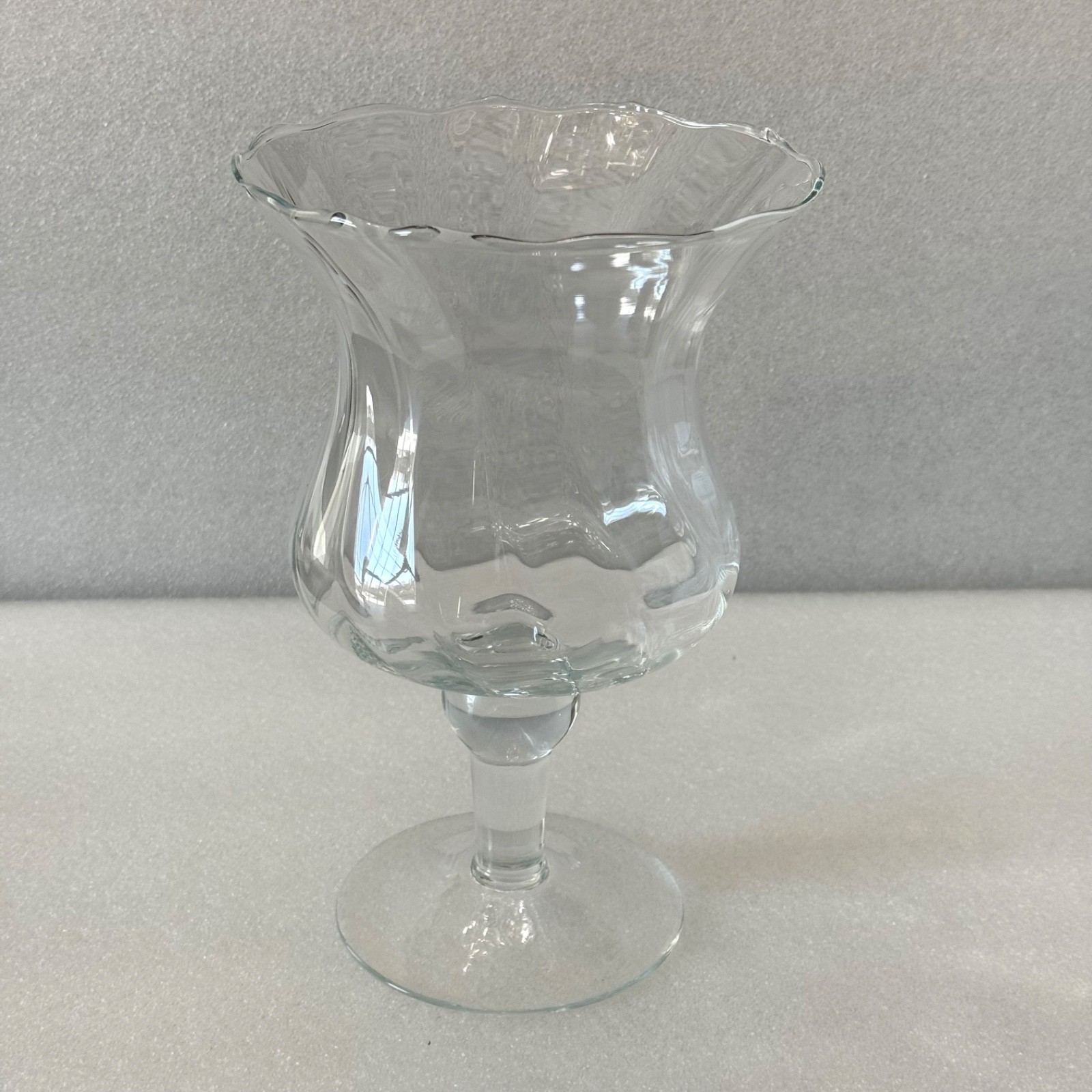 Clear Glass Hurricane Lamp Candle Holder 9.75” W/Footed Base Scalloped Vase