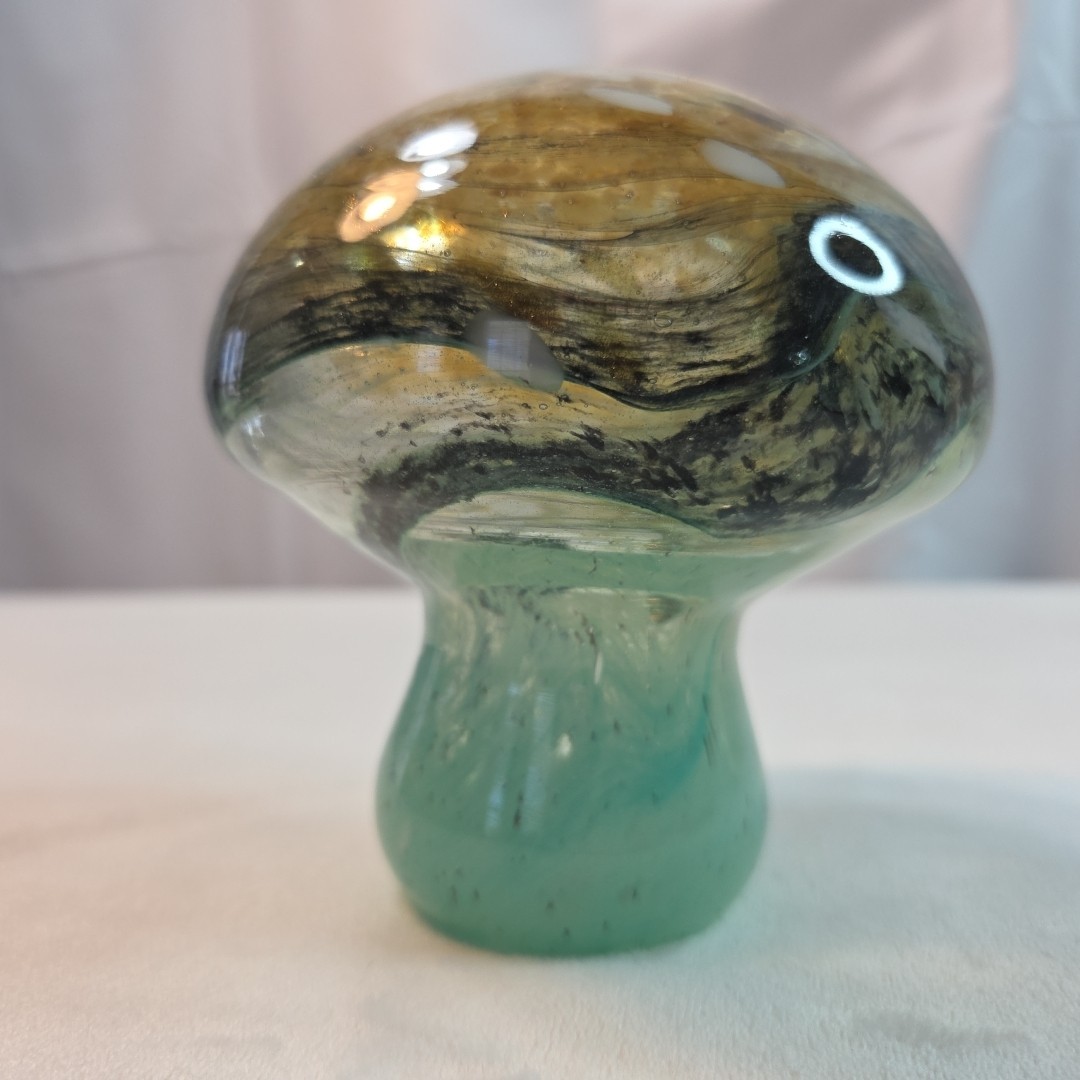 Large Hand-Blown Art Glass Hollow Mushroom Gold Mint Green Spotted 4-1/2″ Tall