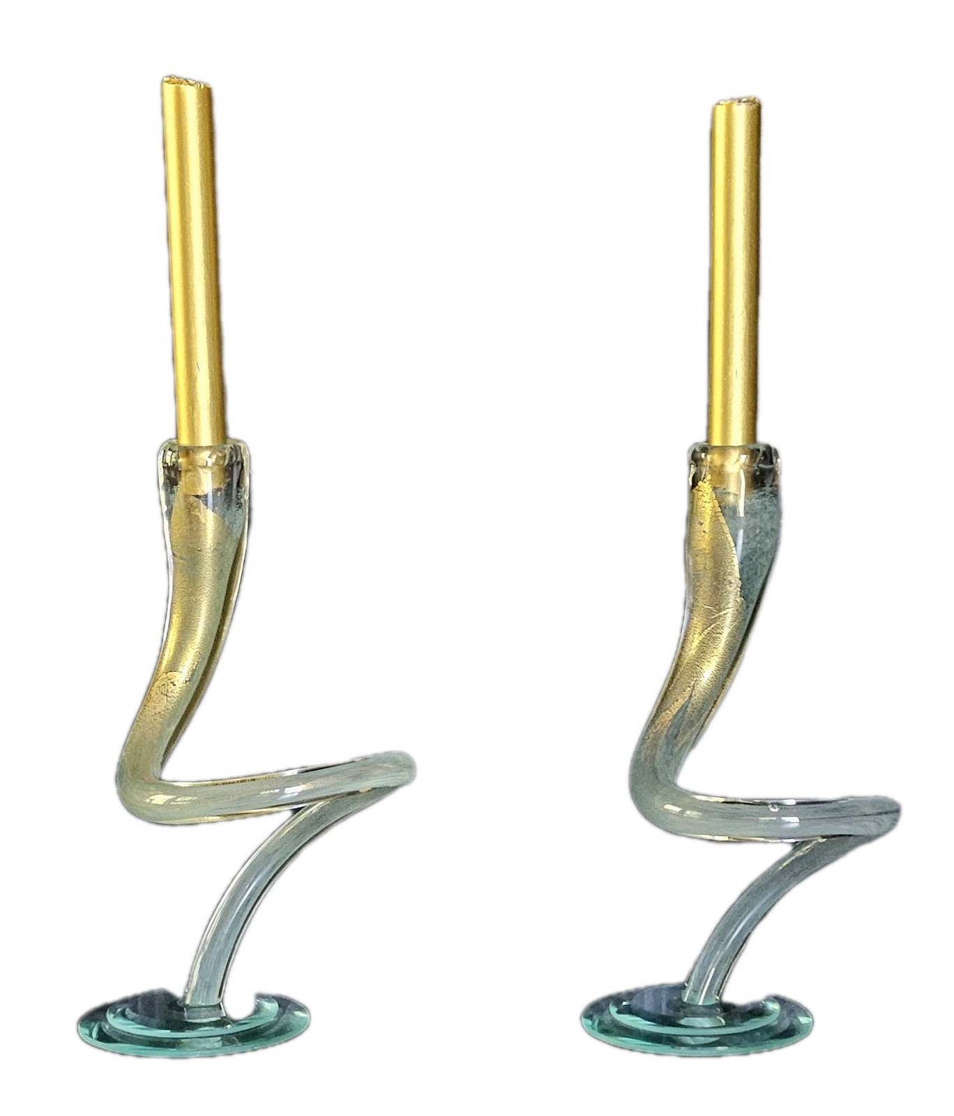 Pair Of 10 1/ 4″ Hudson Twisted Blue Gold Art Glass Candlestick Mouth Blown