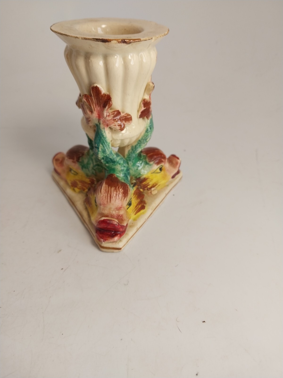 Antq Agostinelli Dal Pra Majolica Figural 3D Fish Dolphin Candlestick Pair Italy