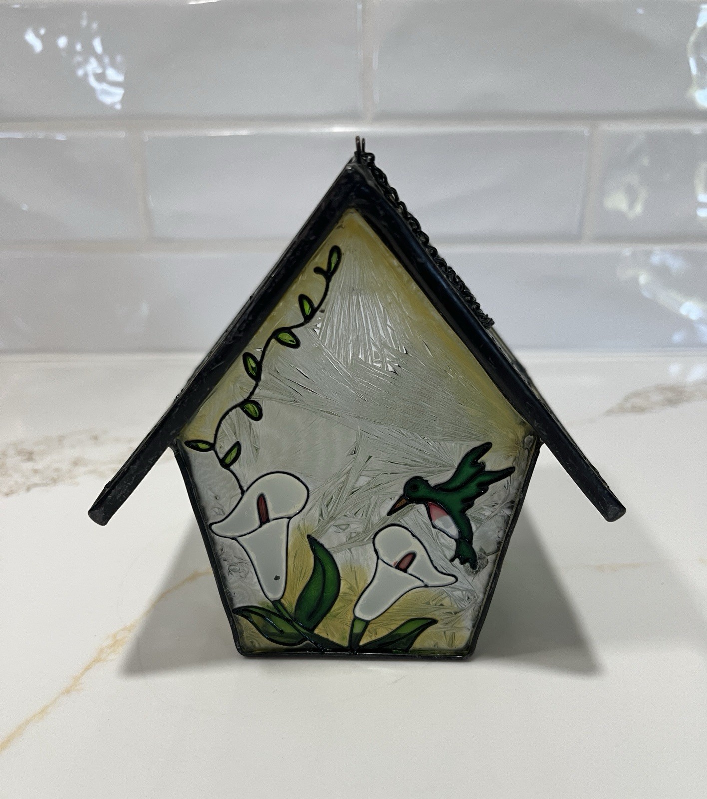 Painted Glass Birdhouse Suncatcher with Calla Lily & Humming Bird Motif