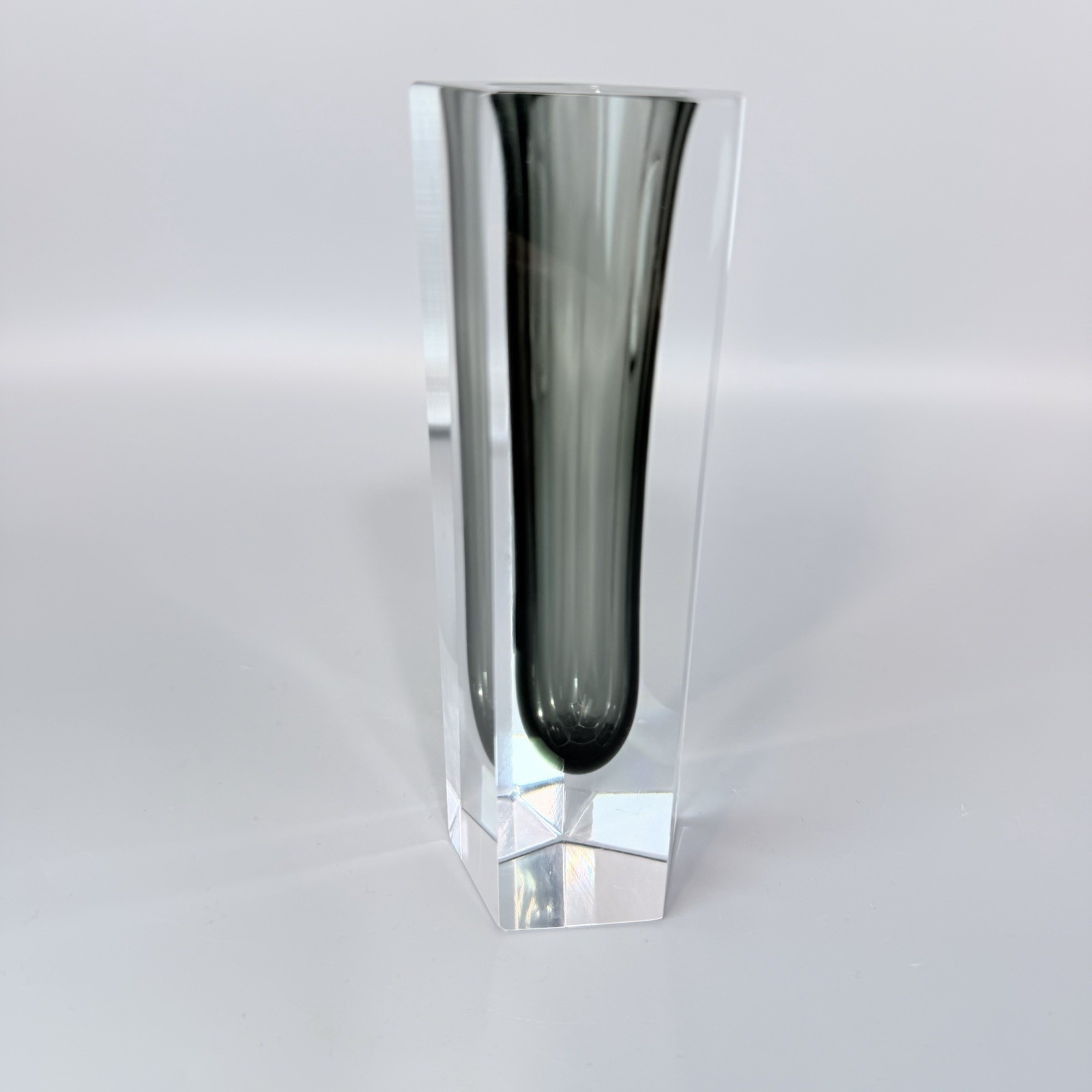 Murano Style Sommersso Art Glass Vase Heavy Clear Smoke Gray Faceted MCM