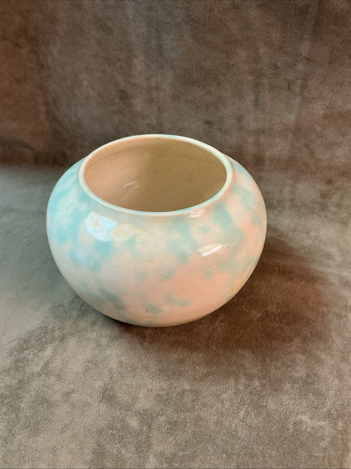 Vintage small Round art pottery Rose Bowl vase cream with green drip glaze