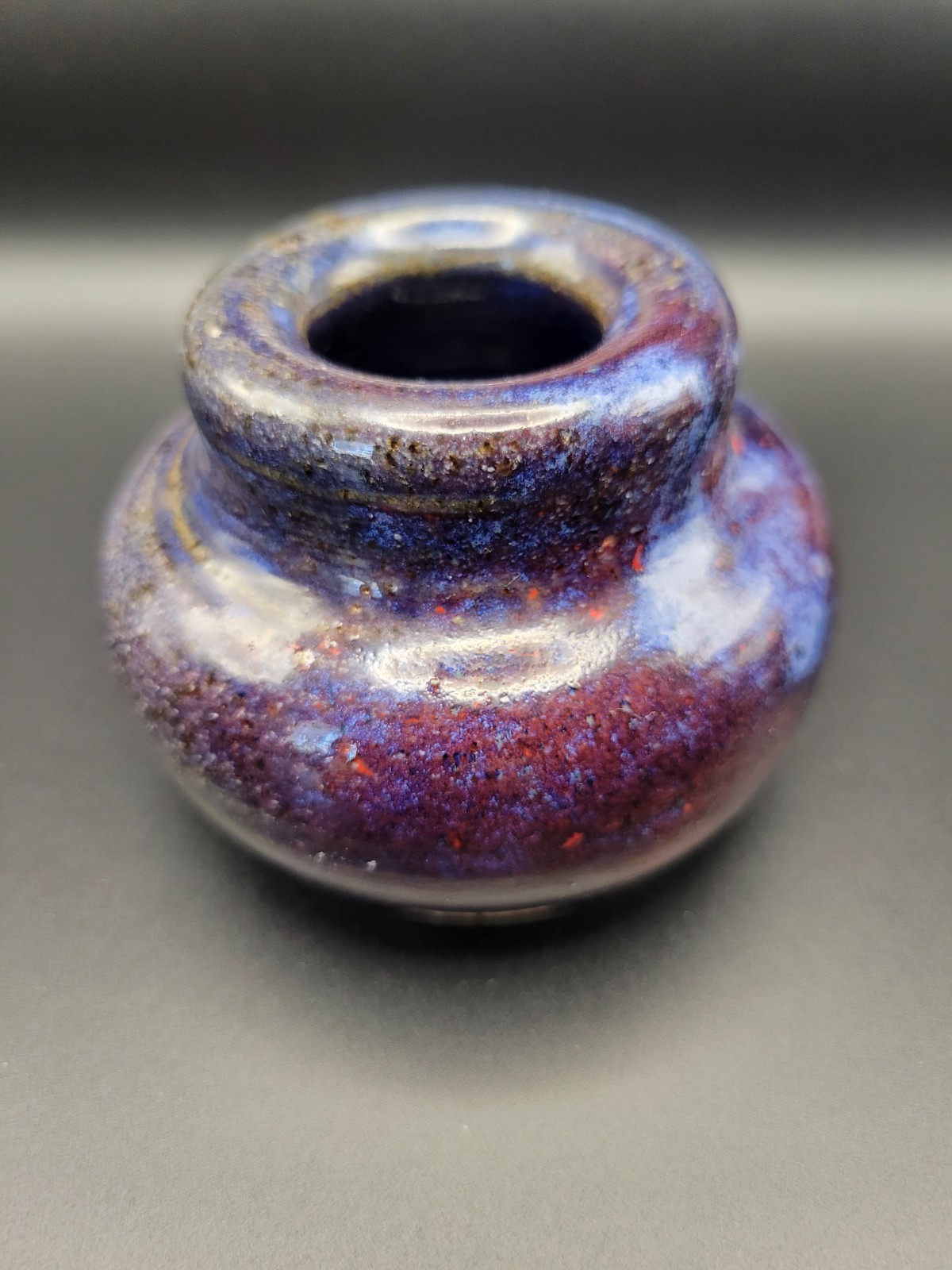 MCM Vtg Studio Pottery Bud Vase Purple Blue Flambé Glaze Signed Handmade Small
