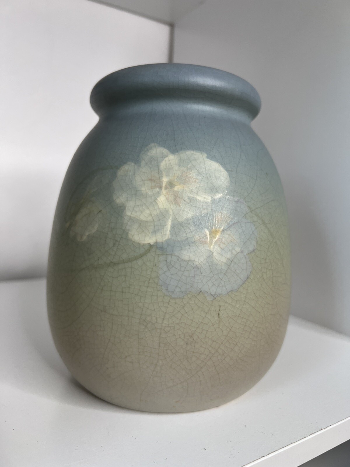 Weller Pottery Hudson Light Vase Hand Painted Floral Blue Vellum 1920s Antique