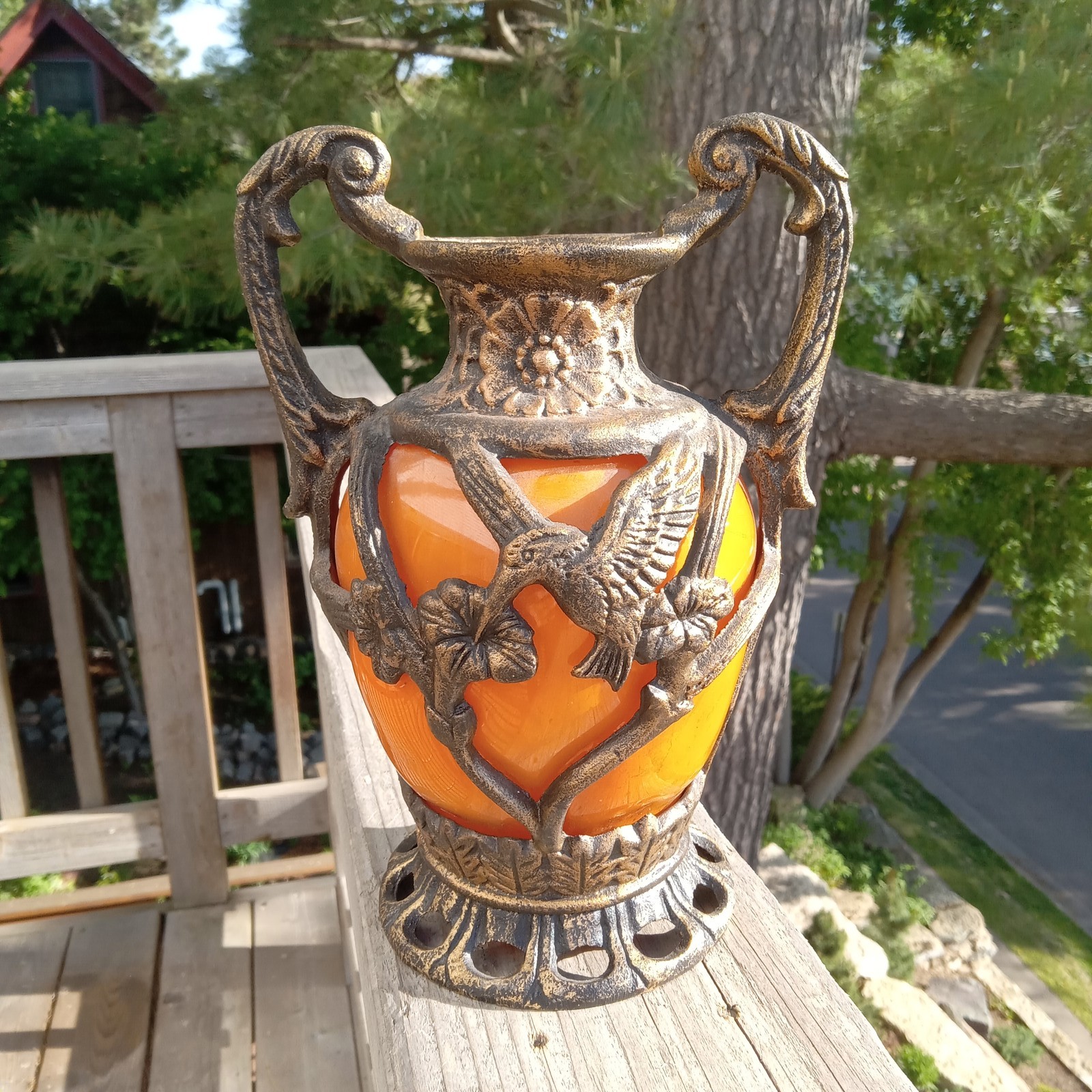 Vintage Caged Amber Orange Glass Urn RARE Hummingbird & Floral Metal Overlay