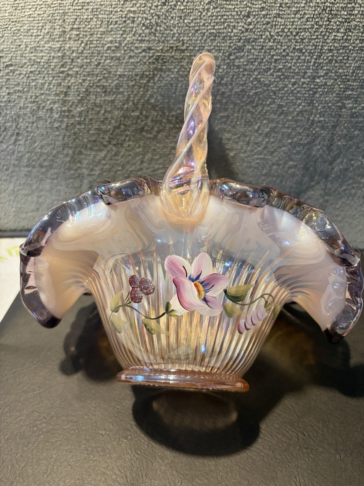 FENTON CHAMPAGNE IRIDESCENT MORNING GLORY HUMMINGBIRD RIBBON CANDY CRIMP BASKET