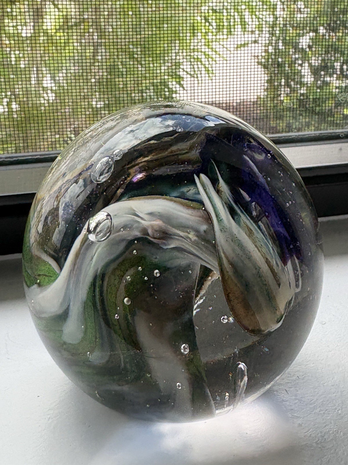 Signed Studio Art Glass Iris Paperweight Floral Sphere Dated 2018 Fireworks