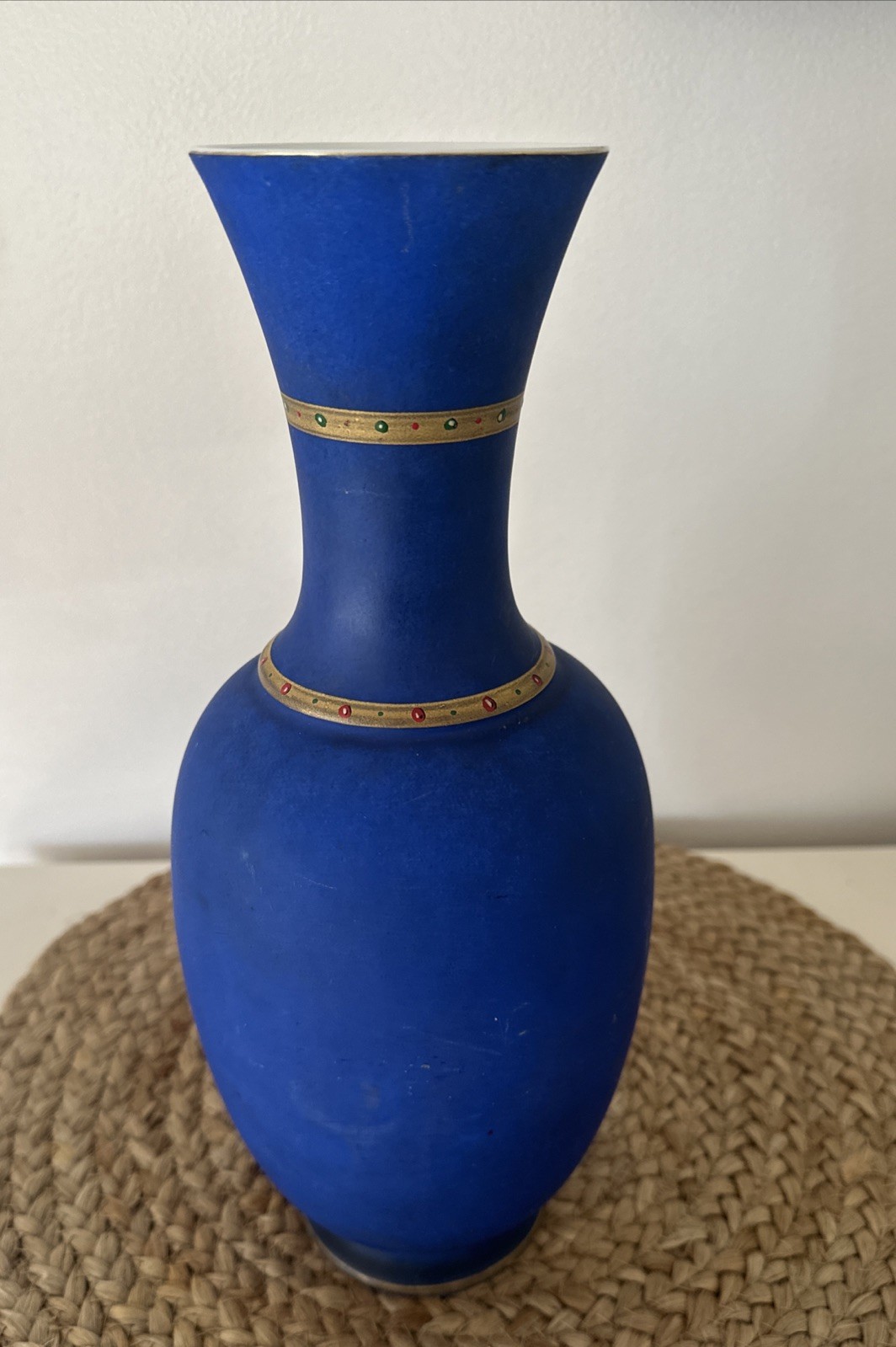 19C Old Paris Painted Neoclassical lady portrait Medallion Blue Gold Vase 13”