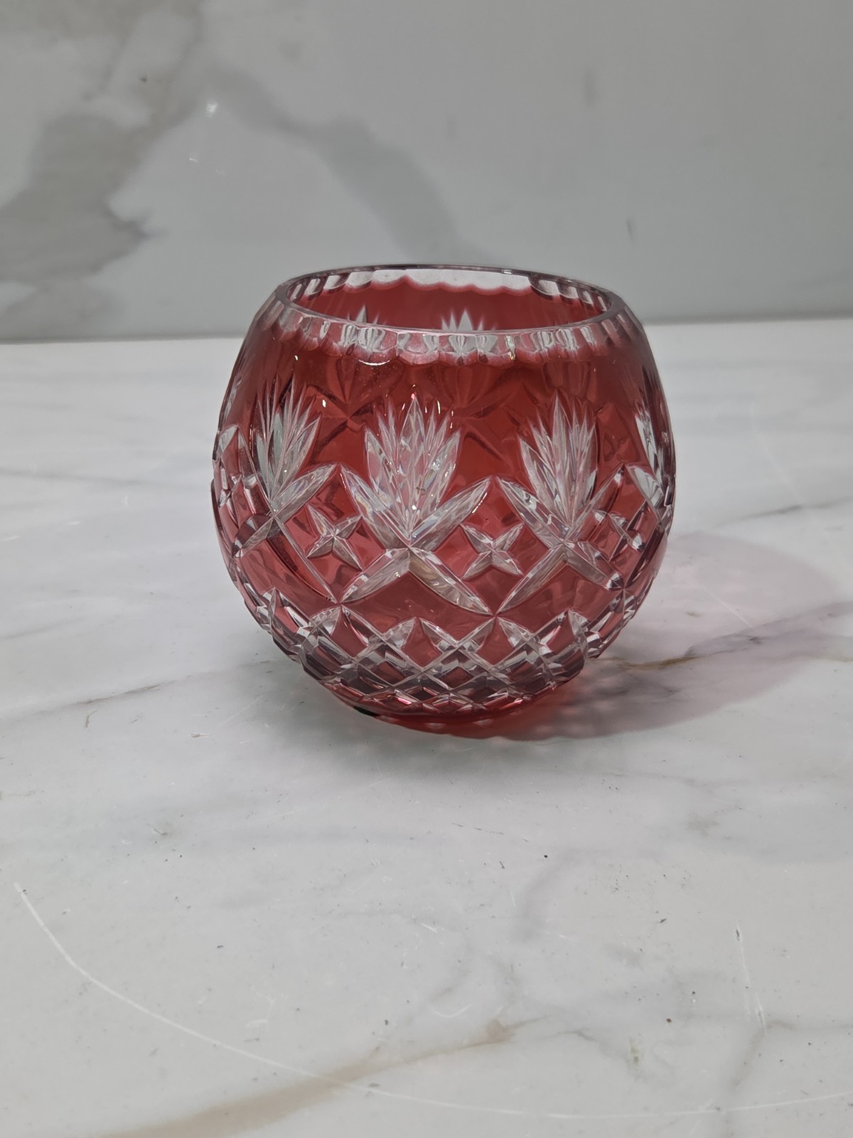 Vintage Bohemian Cranberry Cut to Clear Crystal Round Vase bowl Odessa Pattern