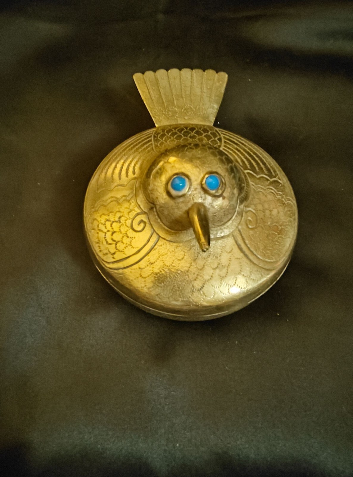 Brass Bird Trinket Box With Blue Stone Eyes Decorative Lid Vintage Design Handcr