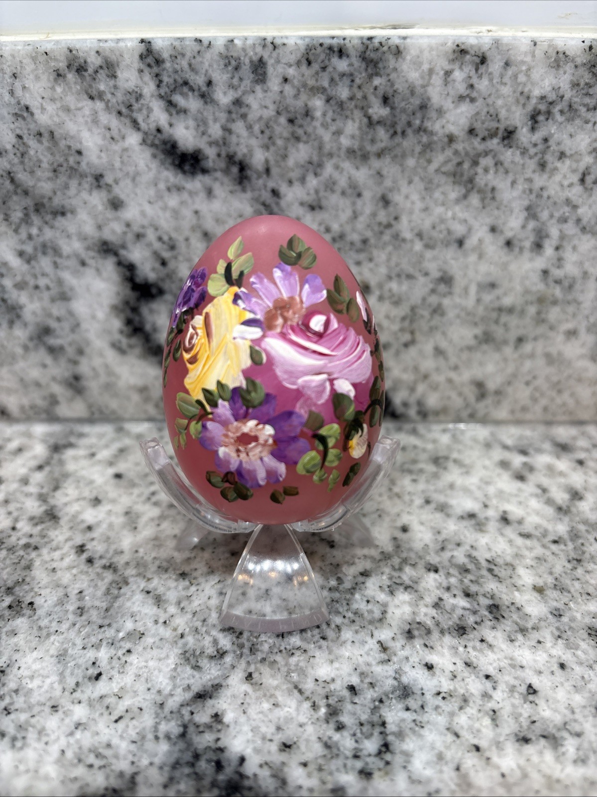 Hand Painted marble egg Pink Floral Decorative Signed– Stand Included