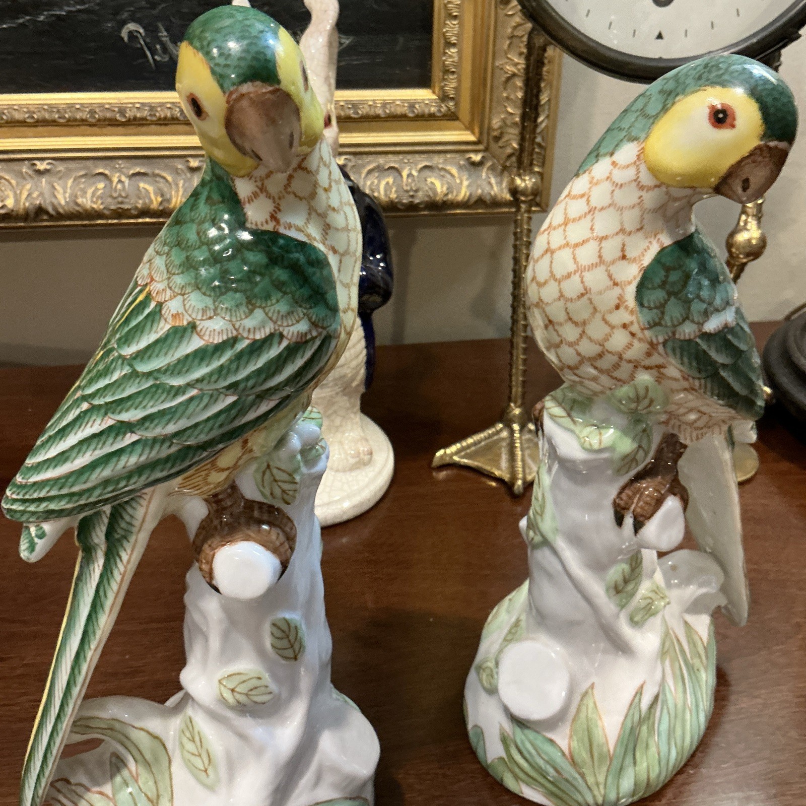 Vintage mid-century Gump’s San Francisco Hand Painted Porcelain Parrot Figurines