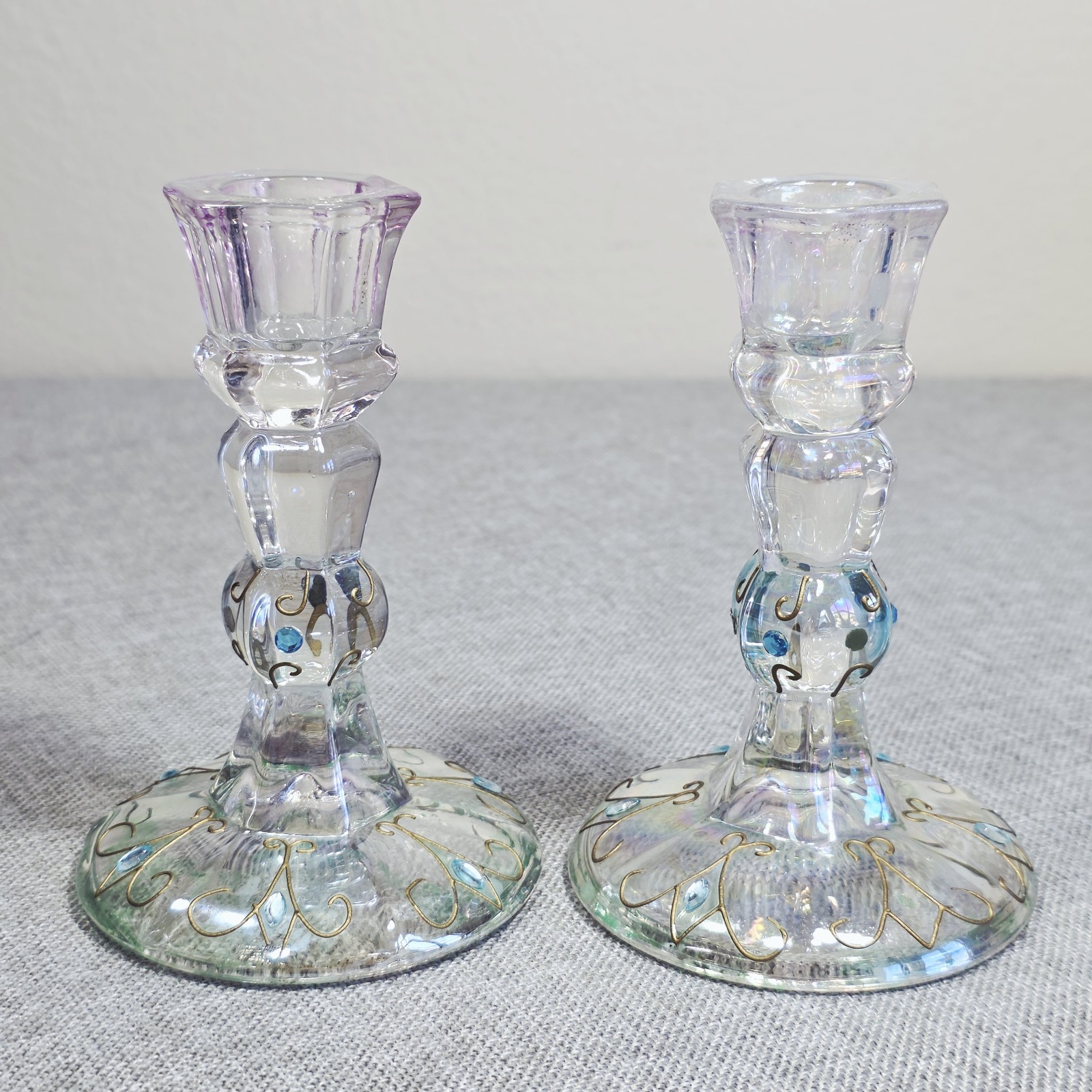 Antique Bohemian Art Nouveau Iridescent Glass Candlestick Pair Gold Enamel Jewel